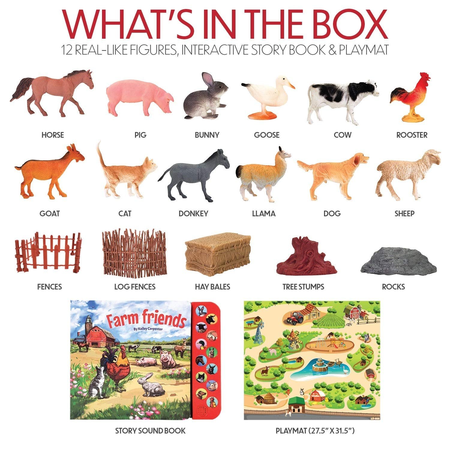 Lil-Gen Farm Animal Toys w/ Educational Animal Sound Book, 22pcs - 12 Small Animal Figurines, Farm Tractor Barn Animals & Plastic Fence, Toy Farm Animals for Children 3+, Farm Playset for Boys/Girls