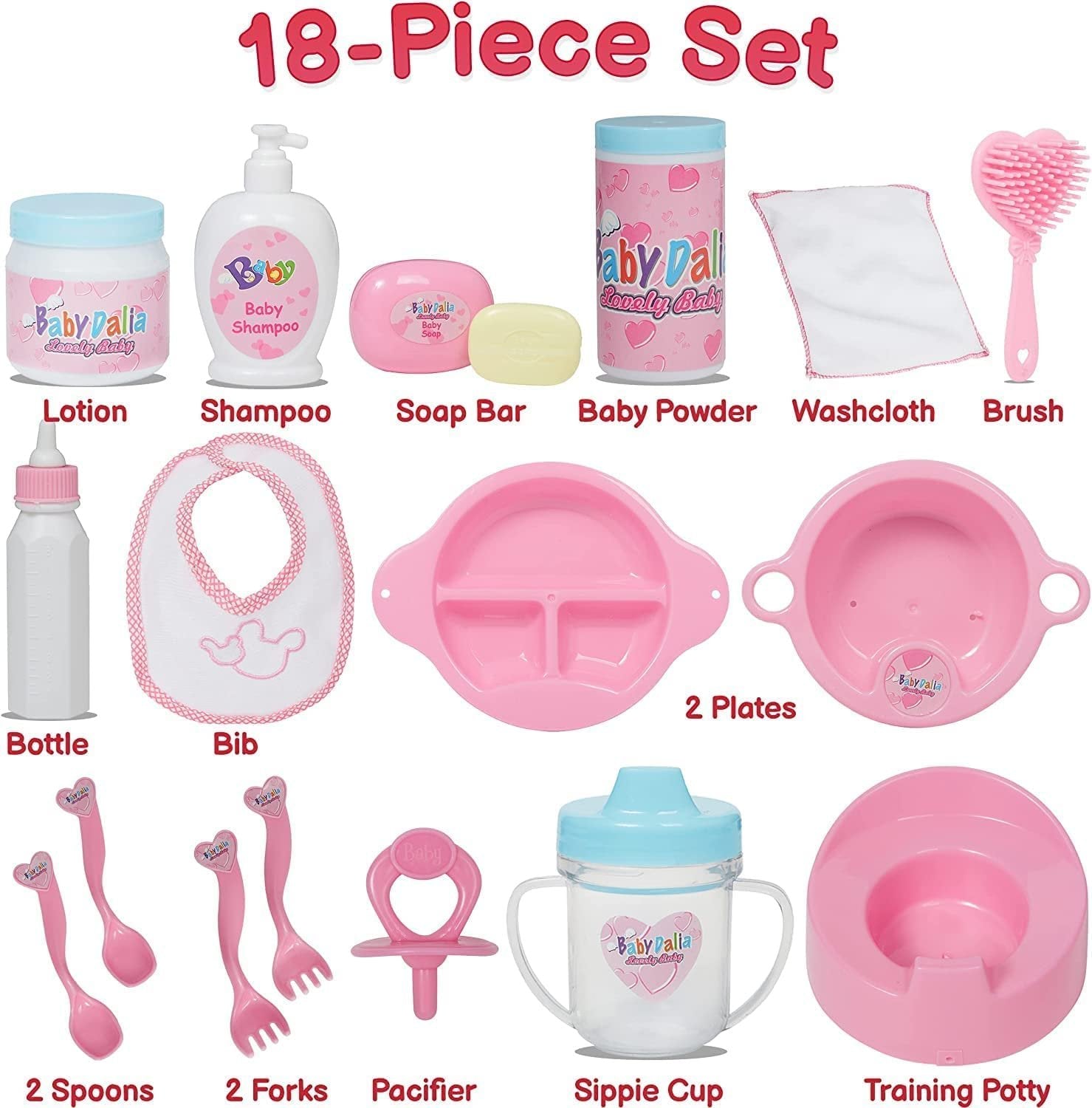 PREXTEX 18-Piece Baby Doll Accessories Set with Carrying Case - Includes Bottle, Sippy Cup, Pacifier, Bib, Hair Brush, Plates and More, Perfect for Kids, Toddlers, and Girls