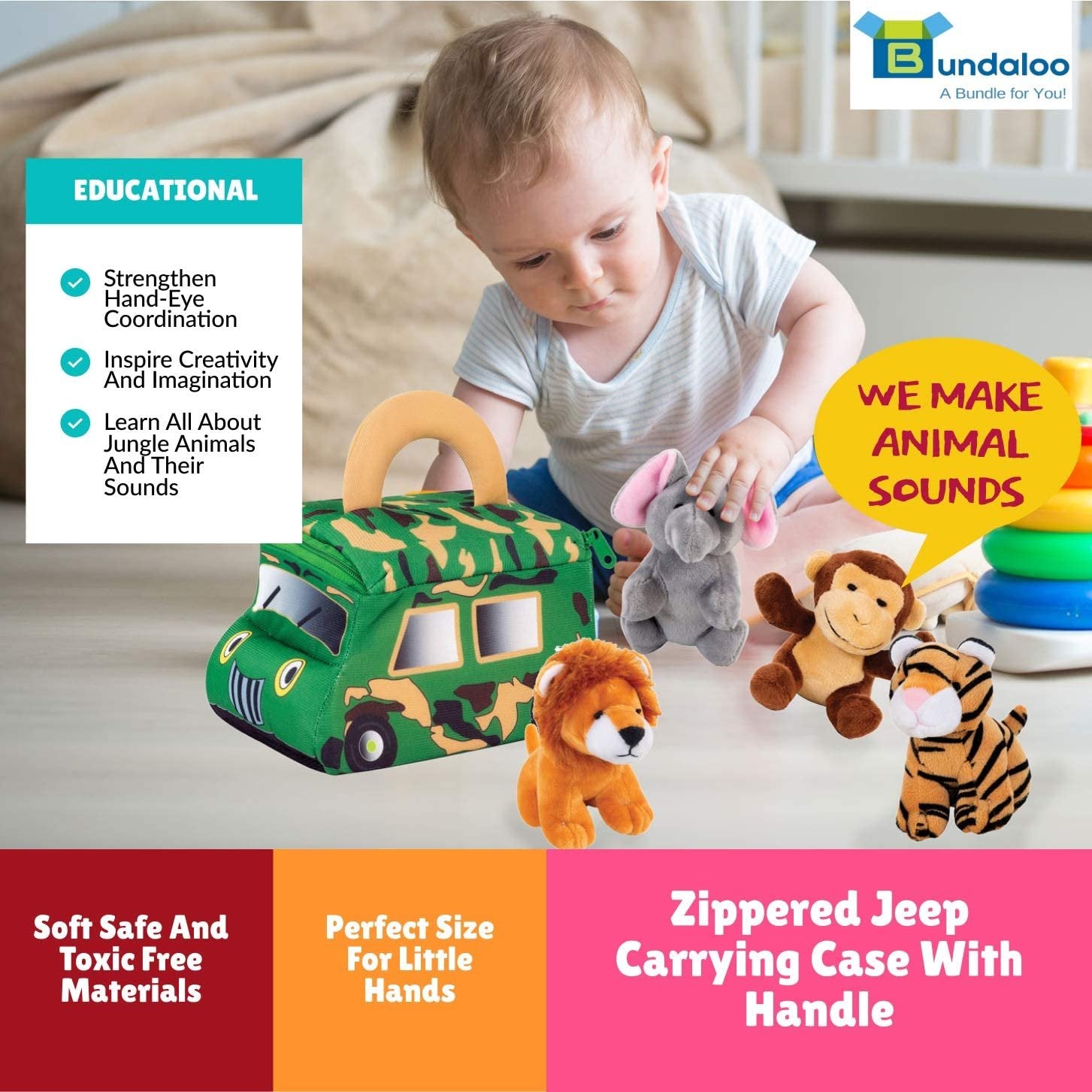 Plush Jungle Animals Set with Safari Truck Carrier - Talking Stuffed Toys for Kids - Bundaloo - Realistic Sounds - Mini Tiger Lion Monkey Elephant