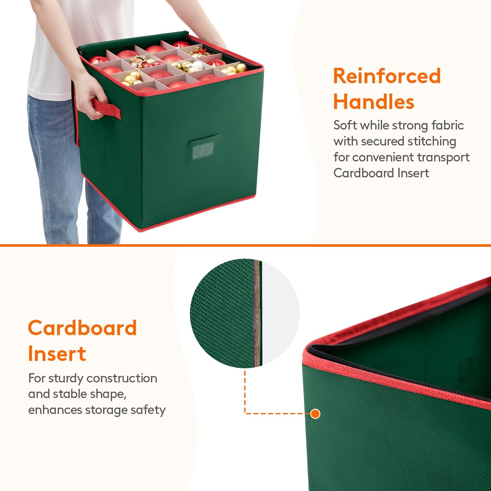 Lifewit Christmas Ornament Storage Container with Dual Zipper Closure - Box Contributes Slots for 64 Holiday Ornaments 3-Inch, Xmas Decorations Accessories, Made of Nonwoven Material, Green