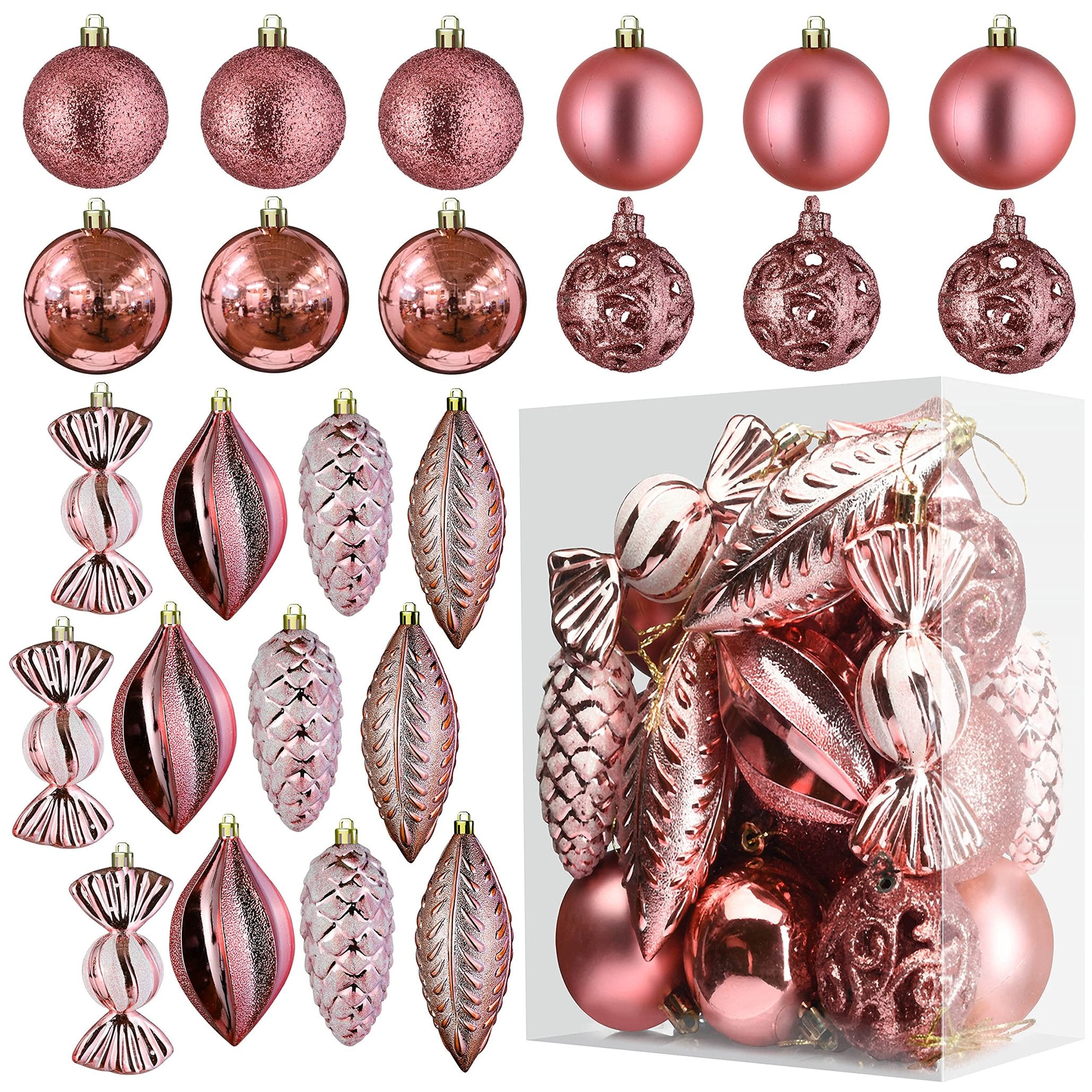 Prextex Rose Gold Christmas Ornaments Set (24pcs) - Shatterproof Balls for Tree, Wreath & Holiday Decor