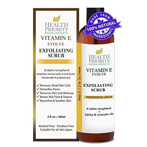 Vitamin E Exfoliating Facial Scrub. 100% Natural and Organic Ingredients. Rich & Creamy Exfoliator with Jojoba Pearls helps Wash, Cleanse & Exfoliate face. Great for Sensitive Skin and Acne