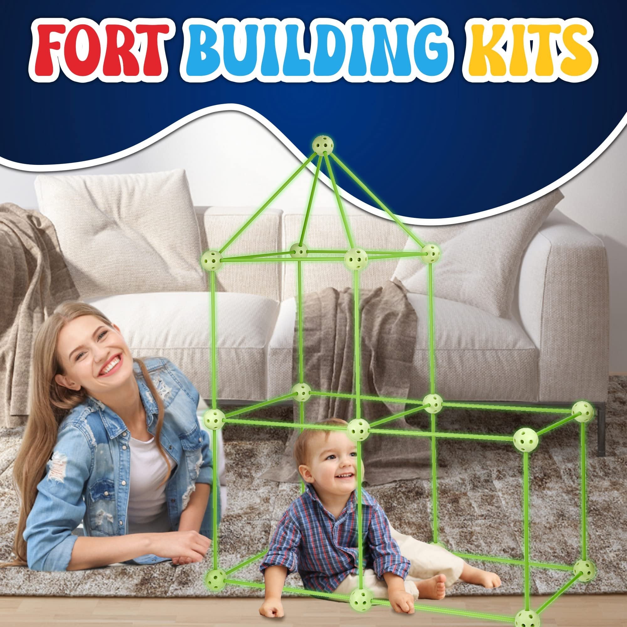 Playbees Glow in The Dark Fort Building Kit with Rods and Connectors - 132 Pieces - Glow in The Dark - Ages 4-8, 8-12 STEM Building Toy, Construction Set for Kids, DIY Castle, Birthday Gift