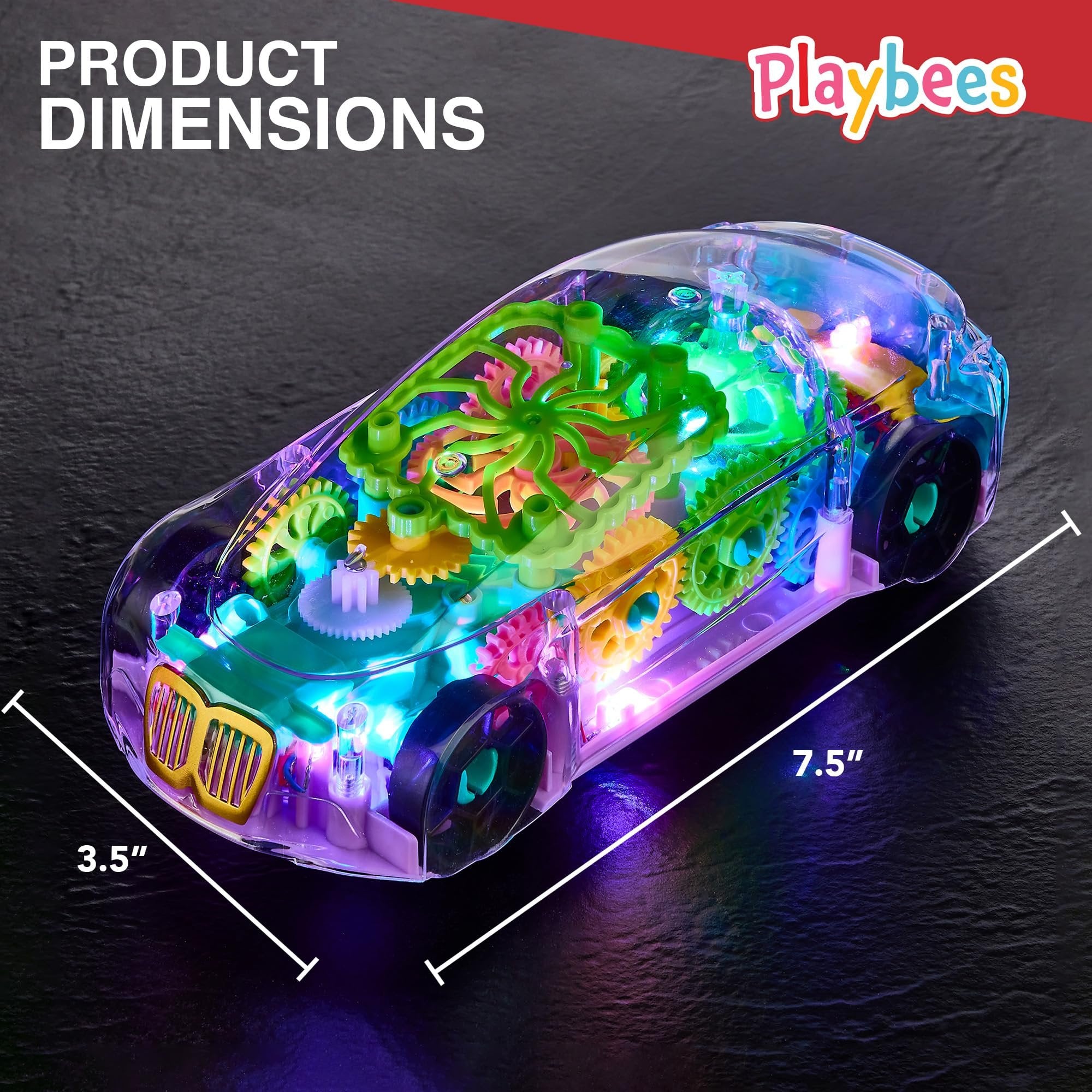 Playbees Light-Up Transparent Car Toy for Kids - 1 Pack - Bump and Go Colorful Moving Gears, Music, LED Effects - Fun Educational Toy - Great Birthday Gift Idea