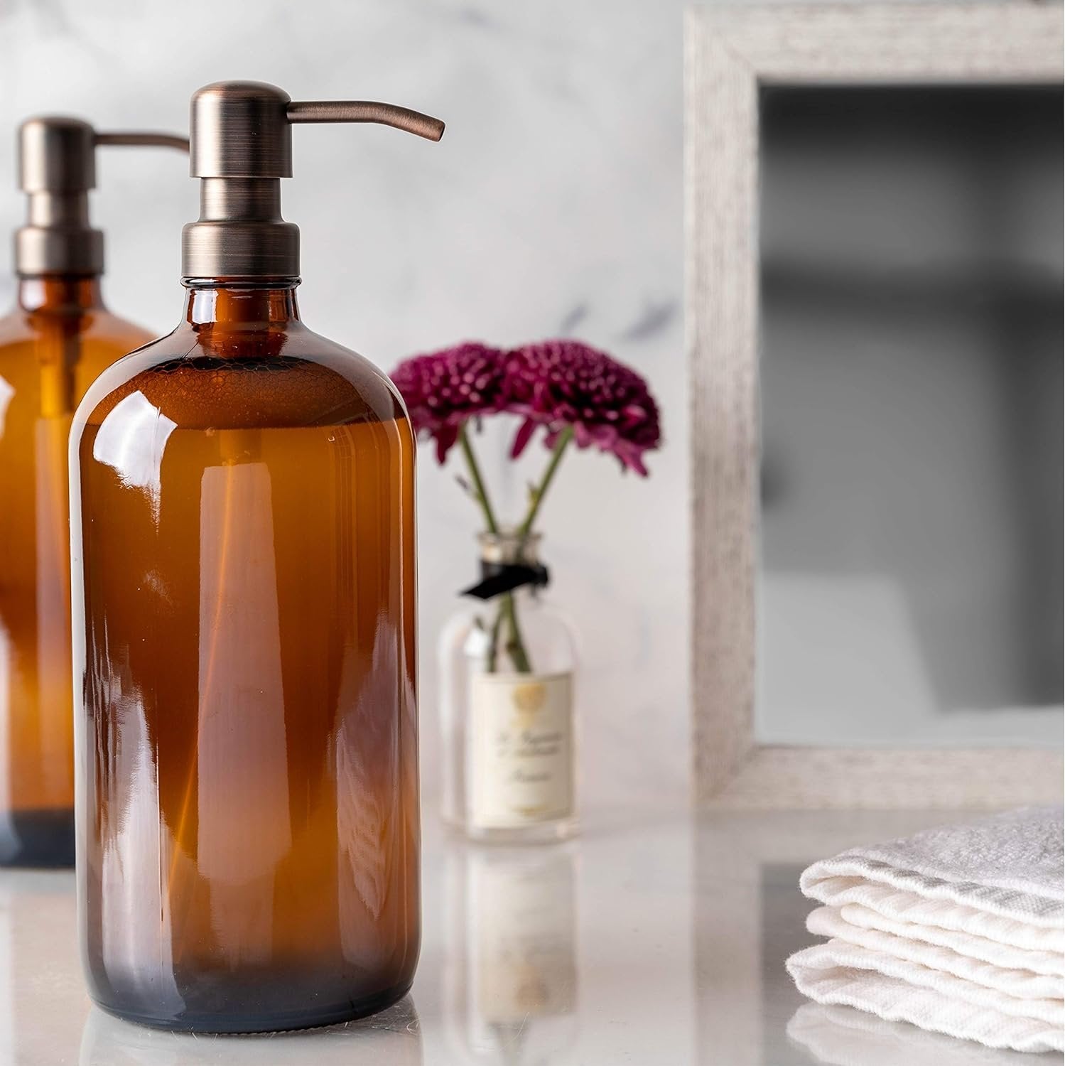 Kitchentoolz Large Pump Bottle - 32 Ounce Glass Shampoo and Soap Dispenser - Amber