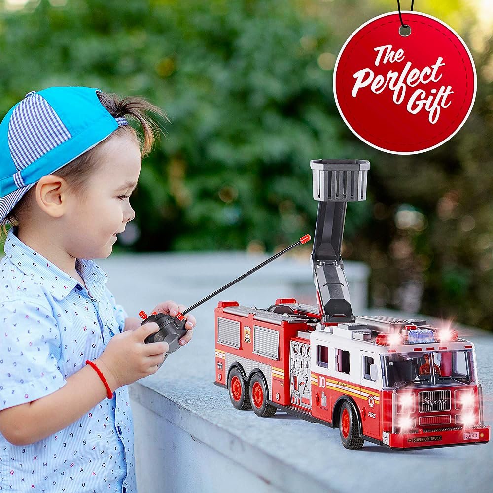 Prextex RC Fire Engine Truck Remote Control 14-Inch Rescue Fire Truck with 12-Inch Ladder and Lights and Sirens Best Gift Toy for Boys Girls