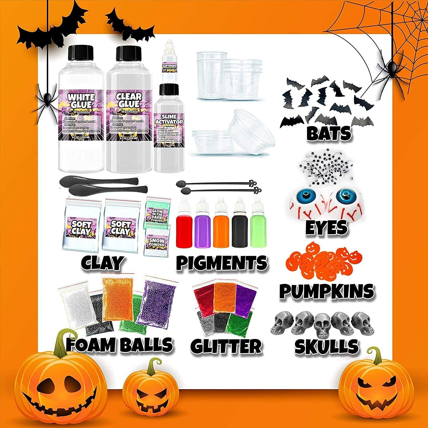Laevo Spooky Slime Kit for Girls and Boys - 50 Pieces DIY Slime Making Set Supplies - Slime Glue, Activator, Glowing, Creepy, Scary, and Spooky Add Ins - Slime Making Kit Gift for Kids