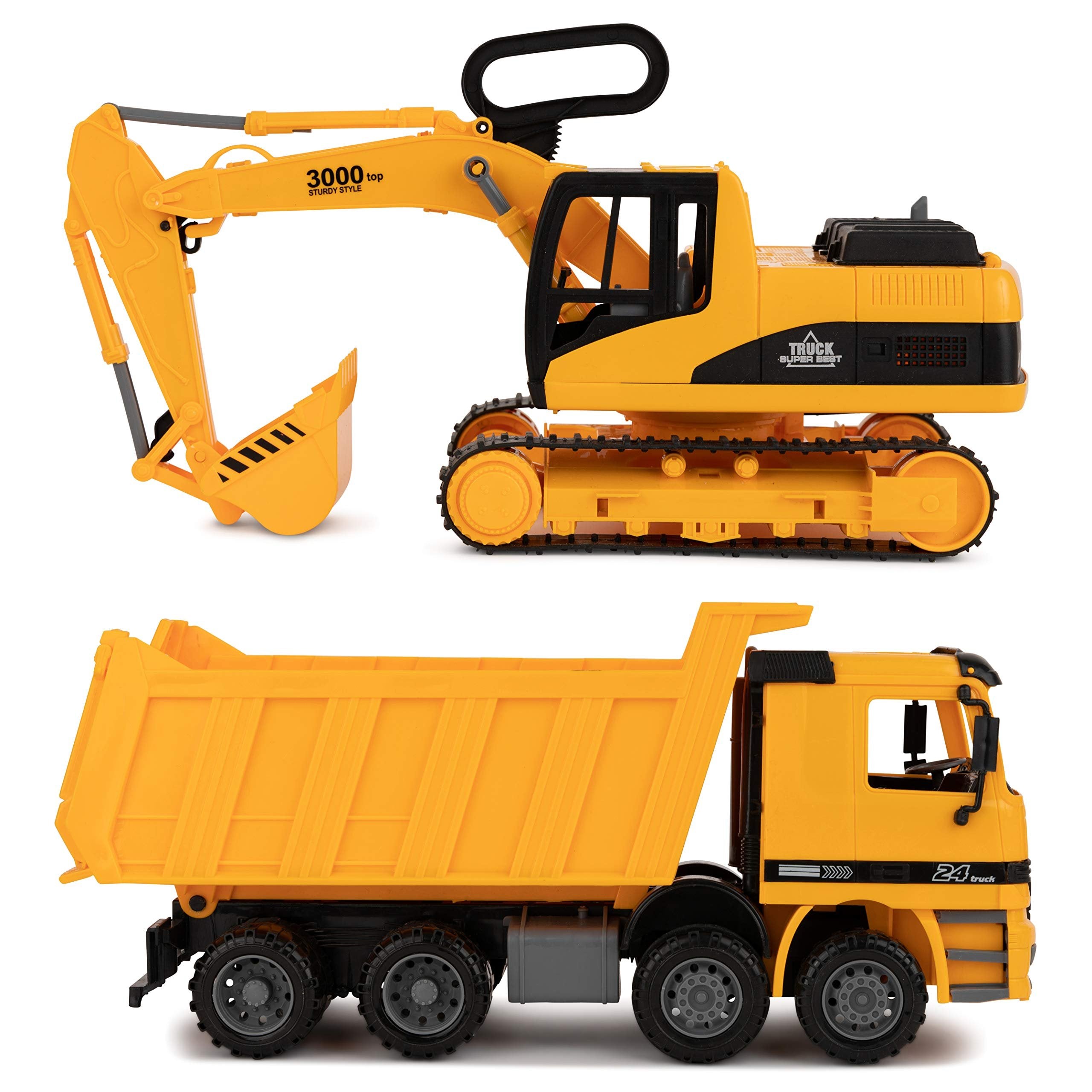 Excavator & Dump Truck Toy for Kids (Set of 2) - Moveable Claw & Lifting Back - Garbage Truck & Bulldozer Digger - Construction Vehicle for Kids & Children by Toy To Enjoy