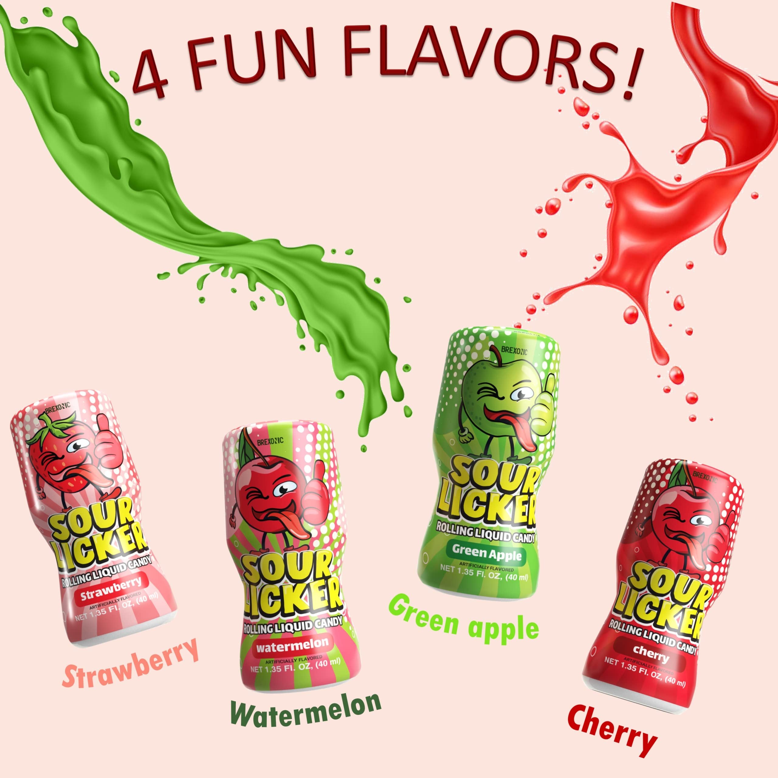 Slime Sour Lickers Candy, Gluten Free, 12 Pk Of 4 Flavors, Watermelon, Green Apple, Cherry and Strawberry Rolling Liquid Candy Bulk, Treat for Parties, Birthdays, or Halloween Treat (12)