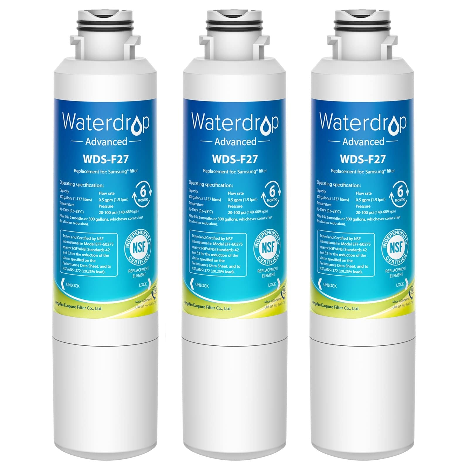 Waterdrop DA29-00020B 𝐍𝐒𝐅 𝟓𝟑&𝟒𝟐 𝐂𝐞𝐫𝐭𝐢𝐟𝐢𝐞𝐝 Refrigerator Water Filter, Replacement for Samsung HAF-CIN/EXP, DA29-00020A/B, DA29-00020B-1, RF263BEAESR, RF28HMEDBSR, RS25J500DSR, 3 Filters