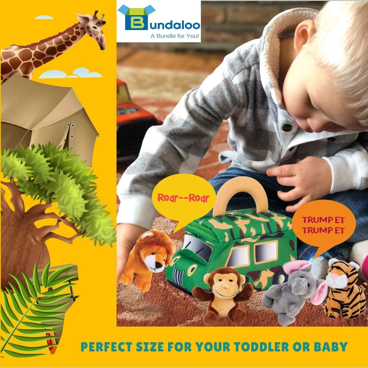 Plush Jungle Animals Set with Safari Truck Carrier - Talking Stuffed Toys for Kids - Bundaloo - Realistic Sounds - Mini Tiger Lion Monkey Elephant