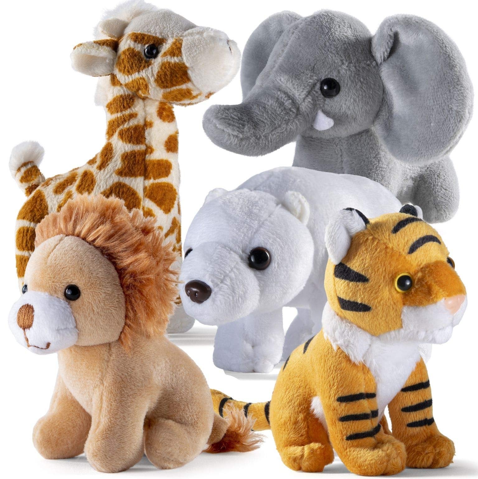 PREXTEX Safari Friends Stuffed Animal Gift Set - 5 Small Plush Stuffed Animals (Giraffe, Tiger, Lion, Polar Bear, Elephant) Zoo Animals - Machine Washable Stuffed Animals for Boys & Girls Ages 3-5+