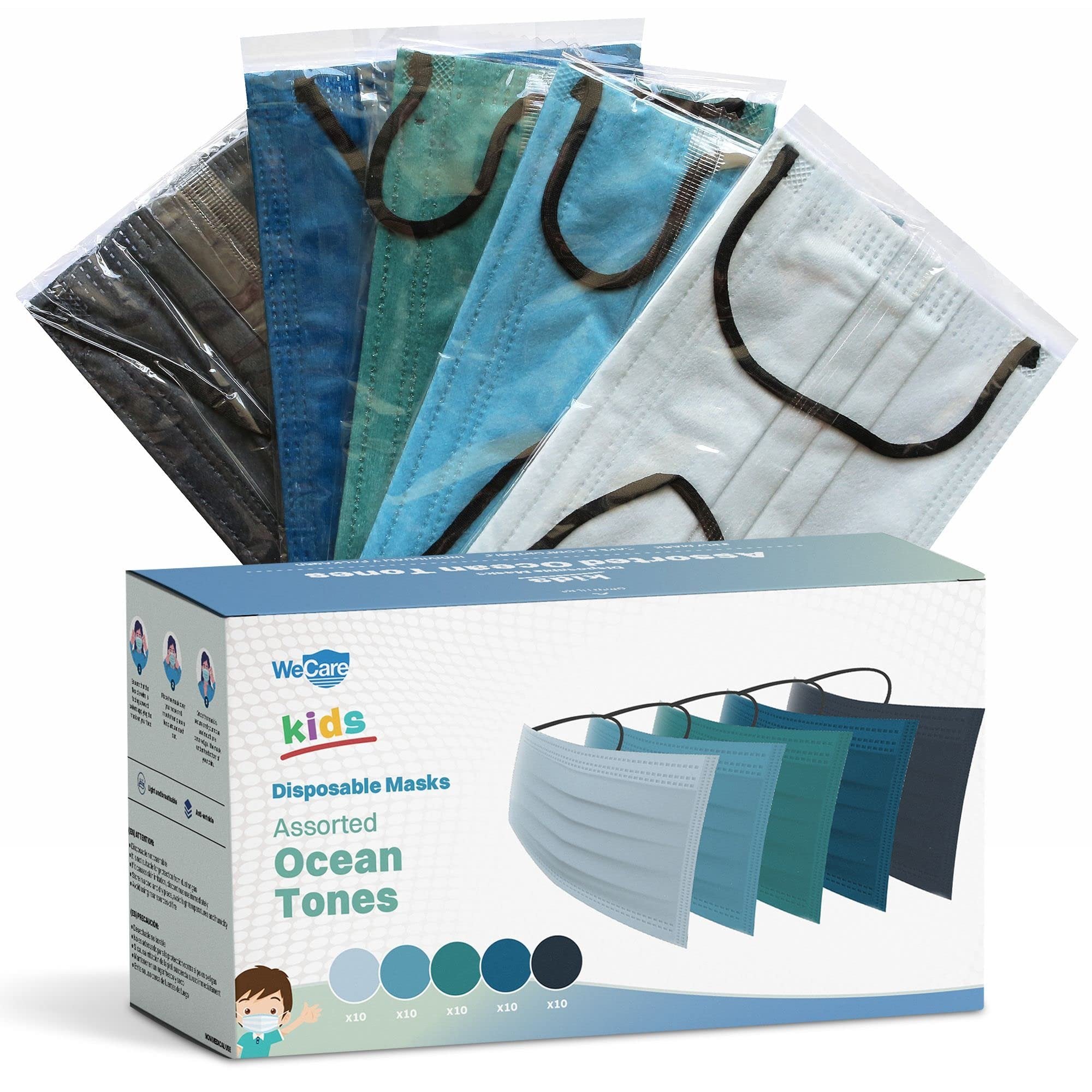 WECARE 50 Box, Individually-Wrapped Masks - Assorted Ocean Tones - KIDS