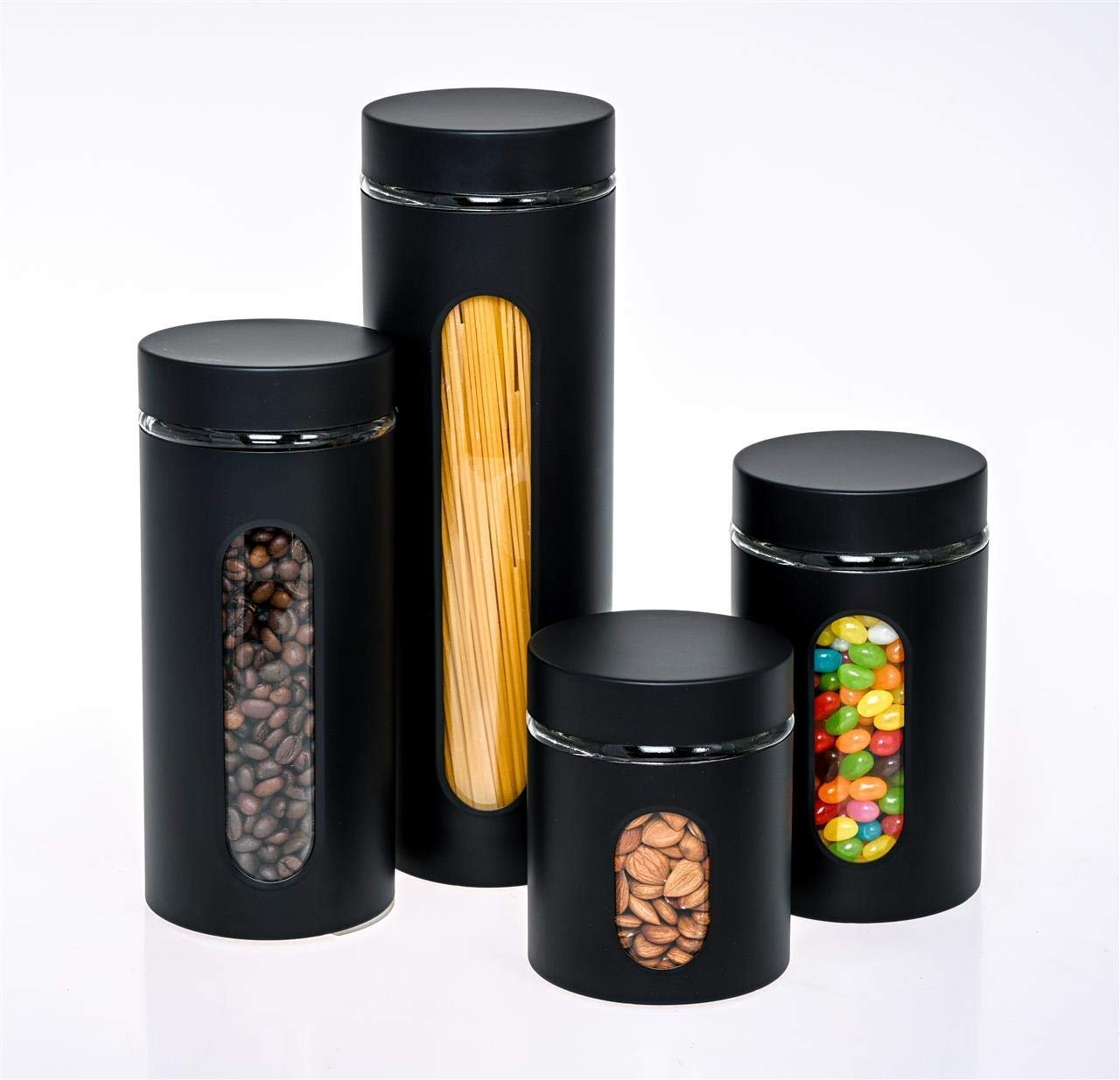 GADGETWIZ Glass Canister Set of 4 for Sugar, Matte Black Kitchen Counter Decor and Accessories