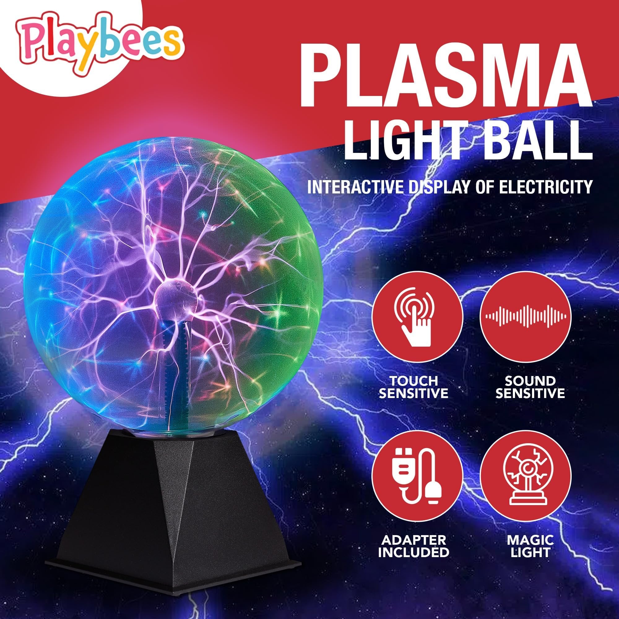 Playbees Colorful Plasma Ball - 7 Inch - Static Electricity in a Vacuum Pressurized Glass Globe - Multicolor, Nebula, Thunder Lightning, Plug-in - for Parties, Decorations, Prop, Home, STEM