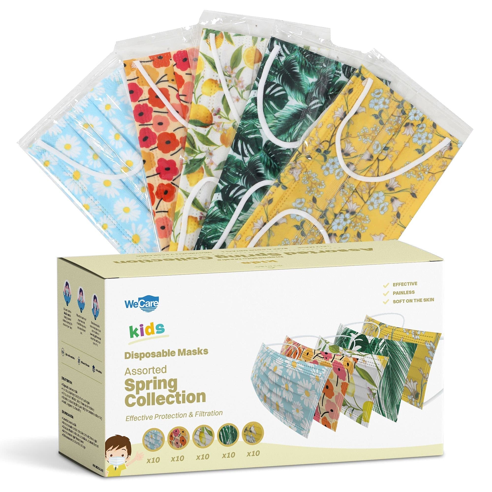 WECARE Disposable Face Masks For Kids, 50 Spring Collection Face Masks, Individually Wrapped