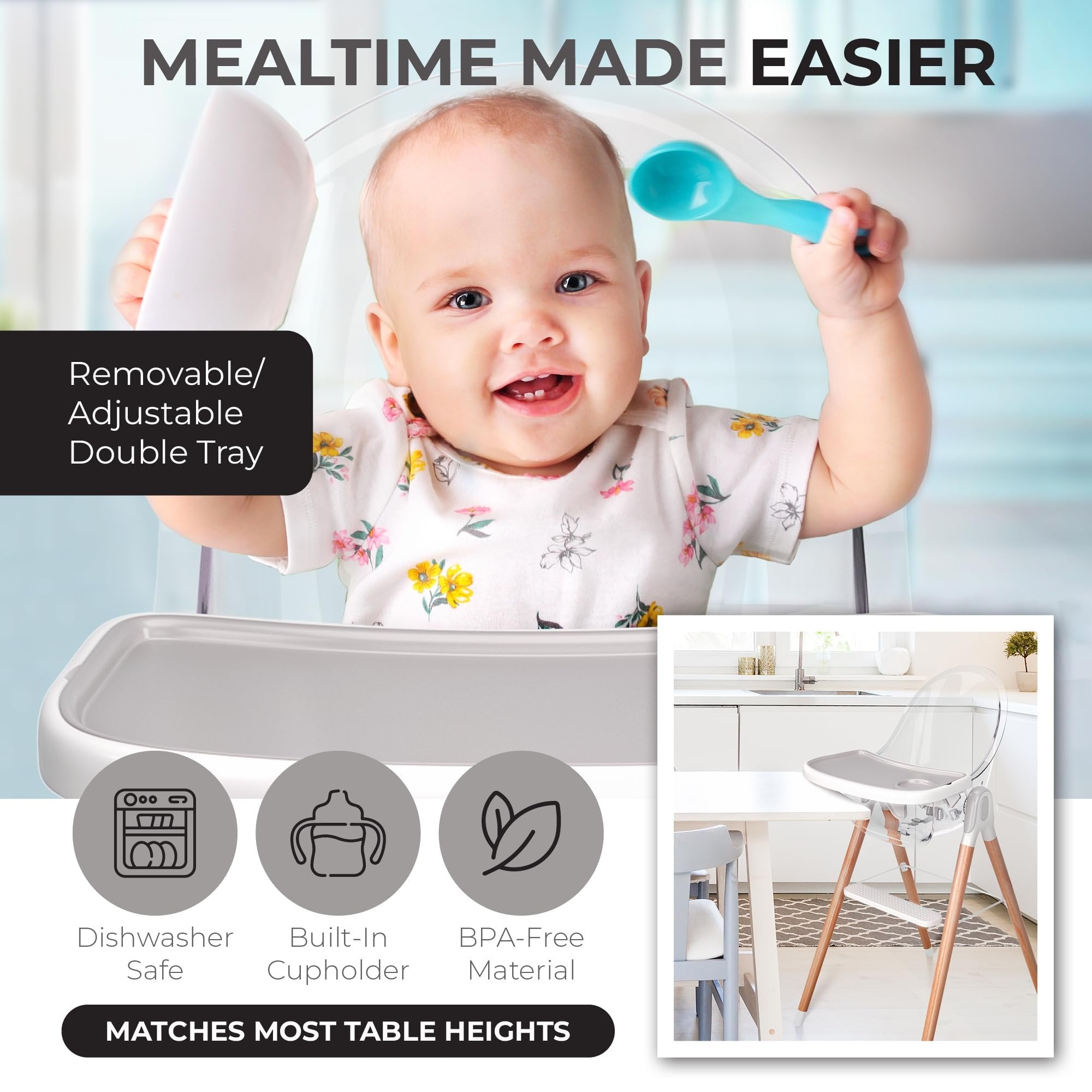 Children Of Design Classic Non-Reclinable 6 in 1 Baby High Chair for Babies and Toddlers, Modern Safe & Compact Wooden Highchair, Easy to Clean, Removable Tray, Easy to Assemble