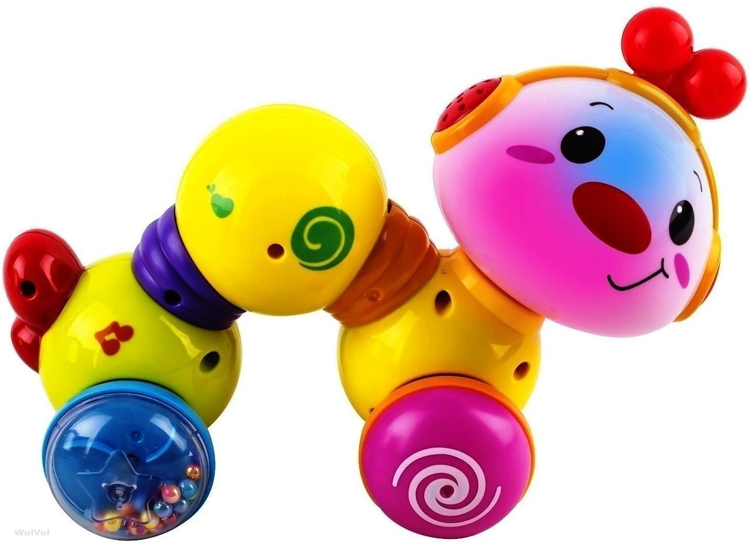 WolVol Musical Press and Crawl Baby Activity Toy - Rolling Rattle Worm w/Lights & Music - Fine Motor Skills & Fun Learning Crawler for Babies & Kids - Safe and Tested Toy for Toddlers