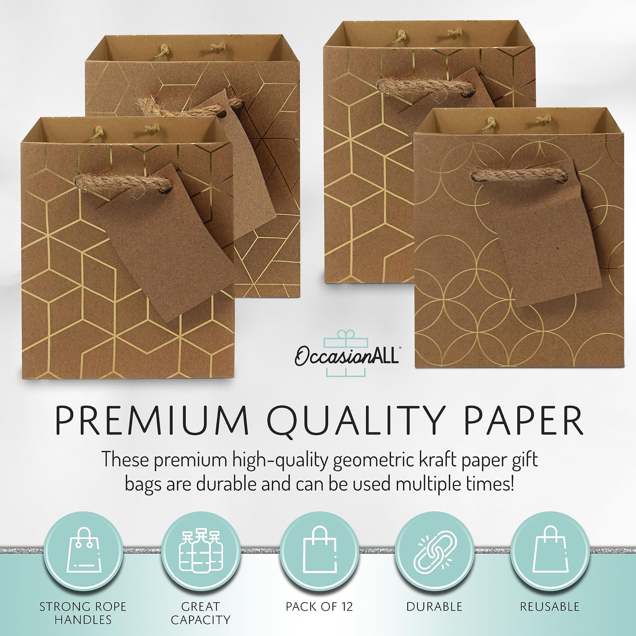 Gold Gift Bags - 12 Pack Small Geometric Prints Kraft Paper Shopping Bags with Handles, Gift Wrap Euro Totes for Birthday Parties, Bachelorette, Baby Showers, Holidays, Christmas, Bulk - 6x3x7.5