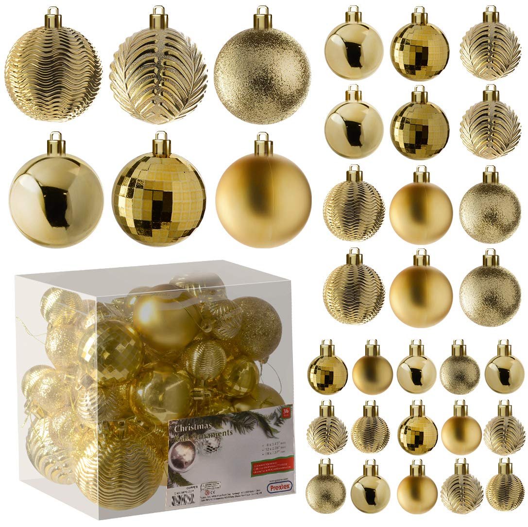 PREXTEX Christmas Ball Tree Ornaments - Gold Ornaments for Christmas Tree - Gold Christmas Ornaments for Holiday, Wreath & Party Decorations (36 pcs - Small, Medium, Large) Shatterproof