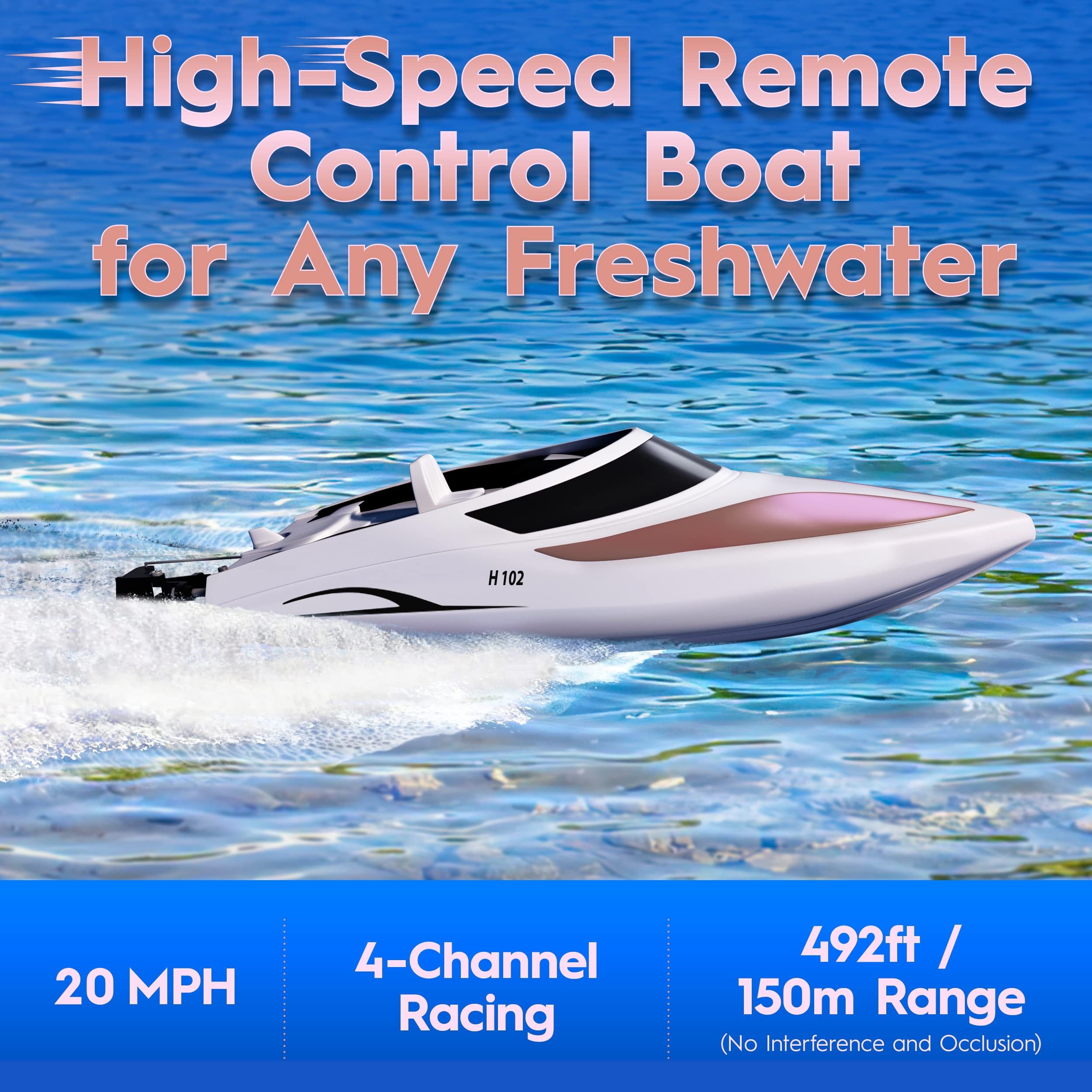 RC Boat - Remote Control Boat for Kids and Adults - 20 MPH Speed - Durable Structure - Innovative Features - Incredible Waves - Pool or Lake - 4 Channel Racing - 2.4 GHz Remote Control - H102 Model