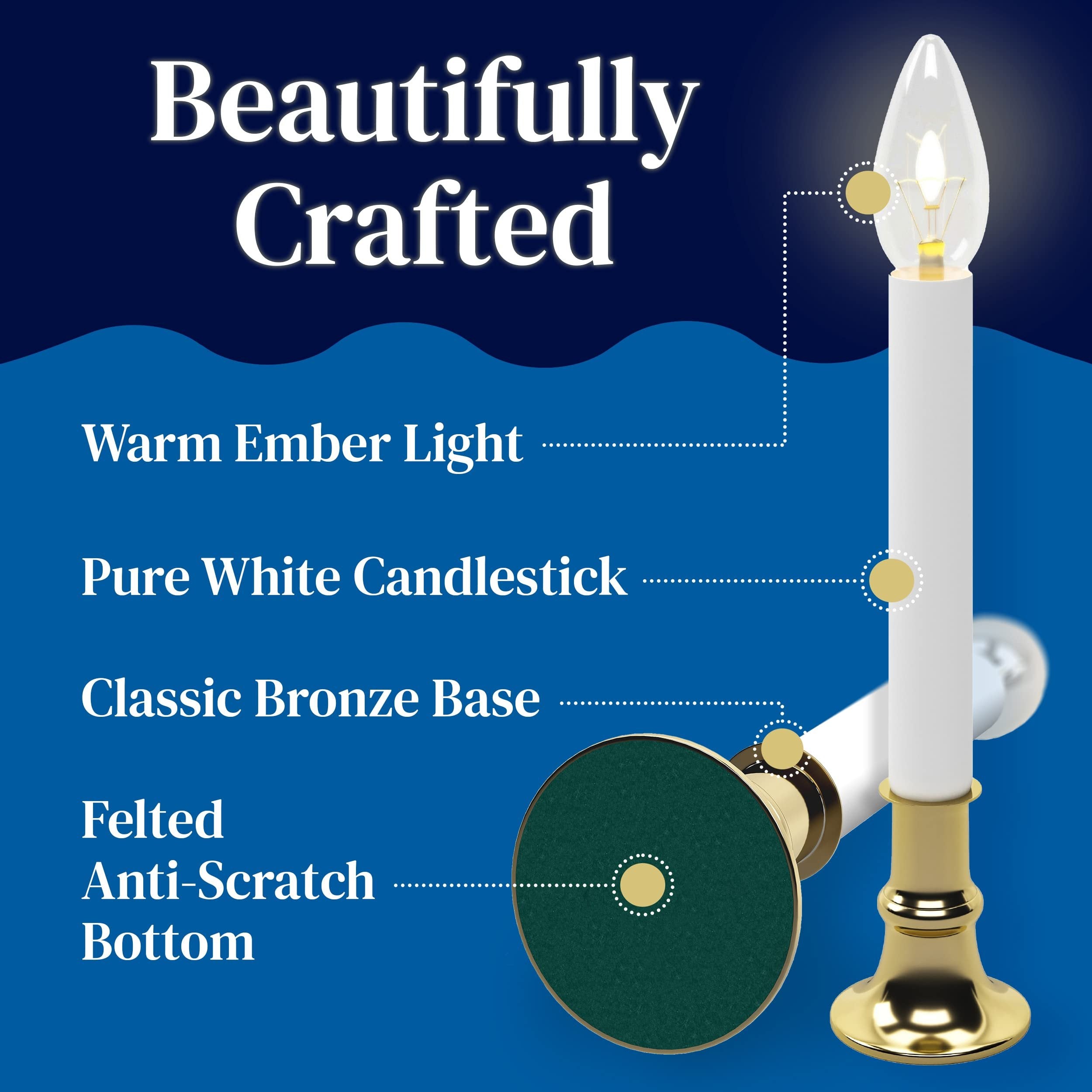 PREXTEX Christmas Candles - Set of 4 Brass Plated Window Candles with Sensor Dusk to Dawn - Candle Set for Home & Kitchen w/Automatic On/Off Sensor, Christmas Lights, Candle Lamp, Party Lights