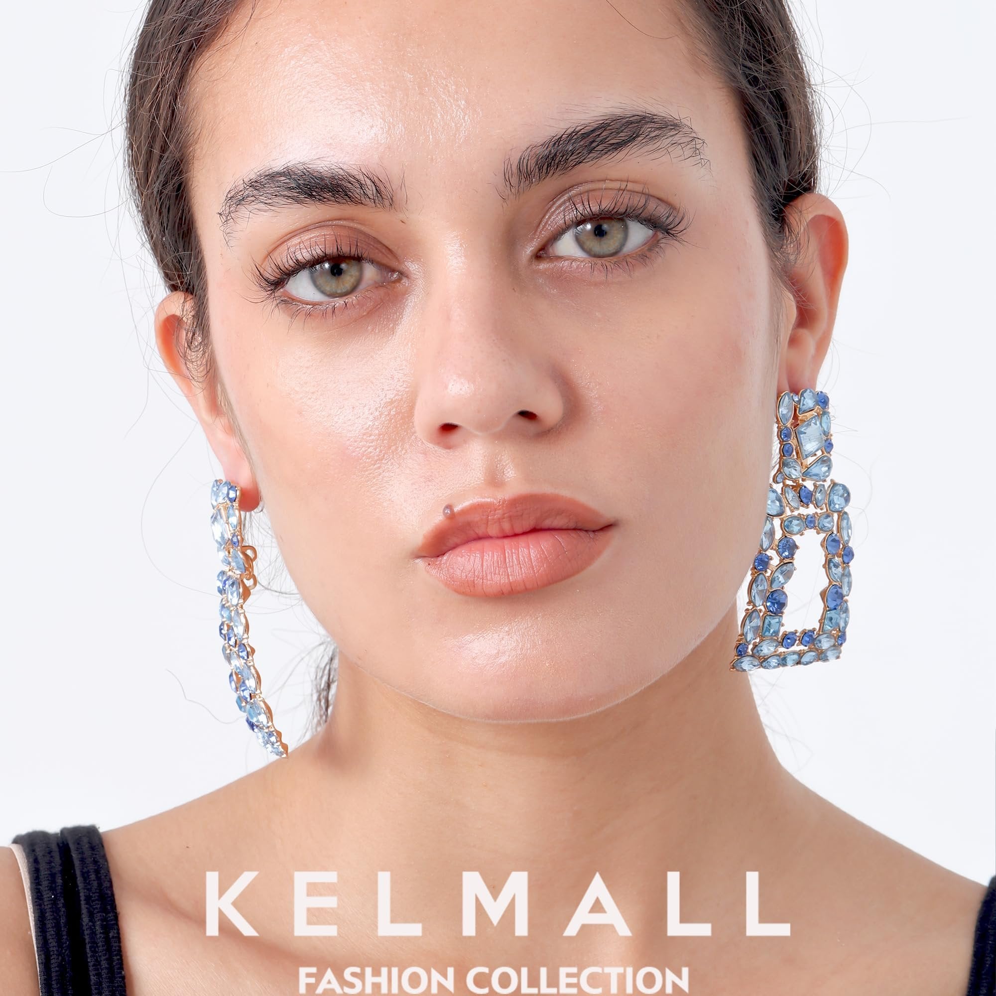 KELMALL Sparkly Rhinestone Rectangle Dangle Earrings for Women Crystal Geometric Drop Trendy Statement Earrings-Light Blue