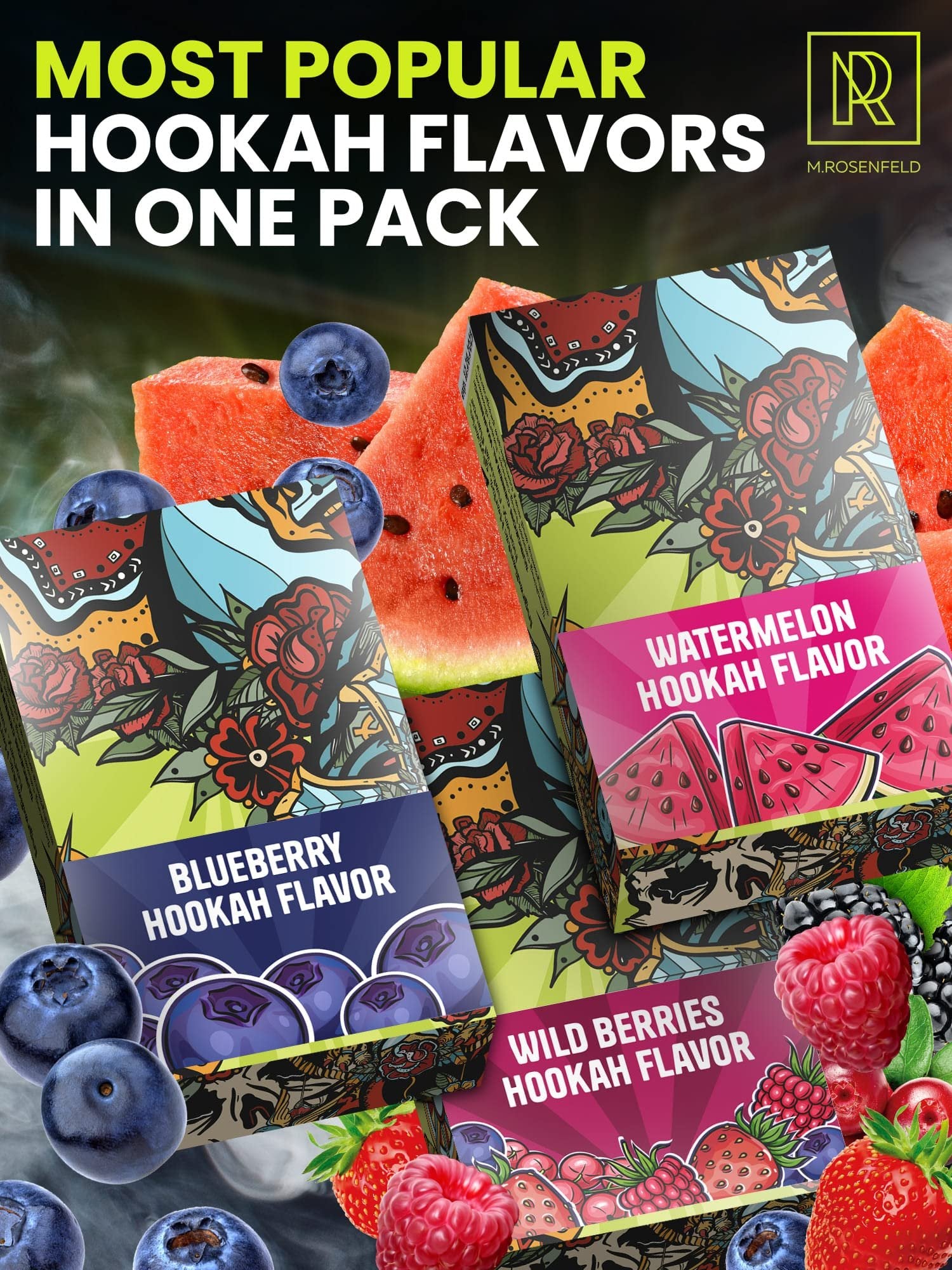 Hookah Shisha Flavors Set - 3 x 1.75 oz (50 g) Shisha Hookah Flavors for your Hookah Bowl (Blueberry - Watermelon - Wild Berries) Pack of 3 - Try these Tobacco Free Hookah Flavors Nicotine Free