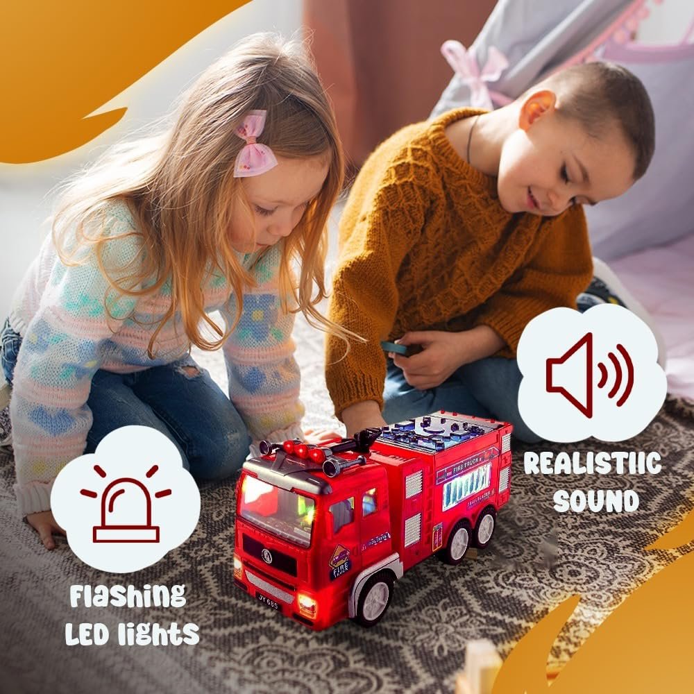 Zetz Brands Fire Truck Toy for Boys, Girls, Kids, w/ 4D LED Lights, Toddlers - Age 3+ Fire Engine Push Toy Car for Little Fireman Real Firetruck Siren Sound, Bump & Go - Ideal Gift