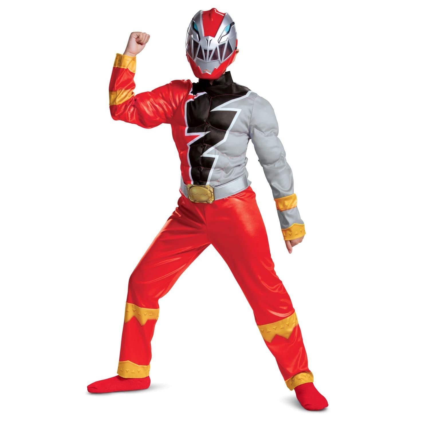 Red Ranger Muscle Costume for Kids, Official Power Rangers Dino Fury Outfit with Mask, Child Size Medium (7-8)