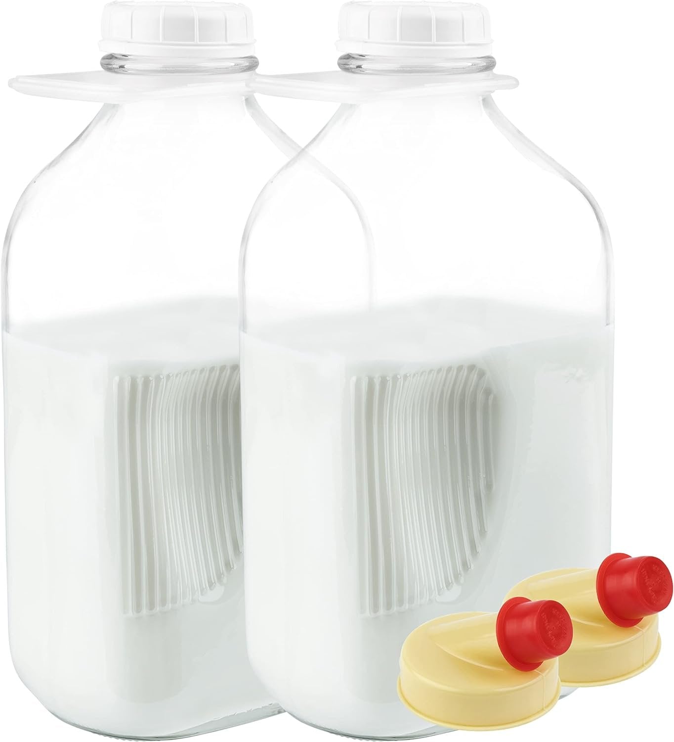 Kitchentoolz 64 Oz Glass Milk Bottle Jugs with Caps, Half Gallon Glass Milk Container for Refrigerator with Tamper Proof Lids and Pour Spouts- Pack of 2