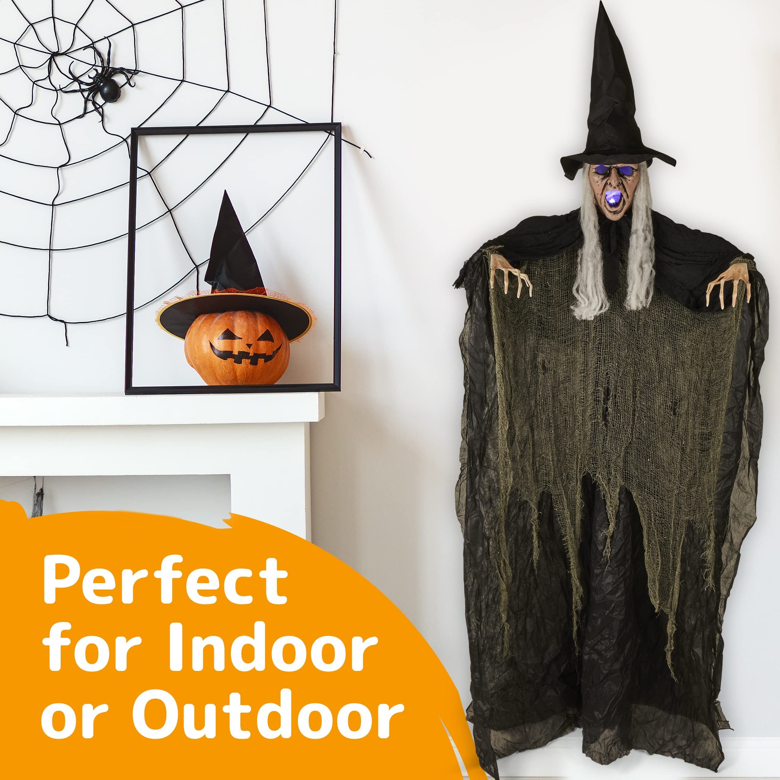 6 Feet Tall Witch - Scary Halloween Décor with Glowing LED Eyes & Mouth - Spooky Witch Scary Halloween Decorations Outdoor and Indoor