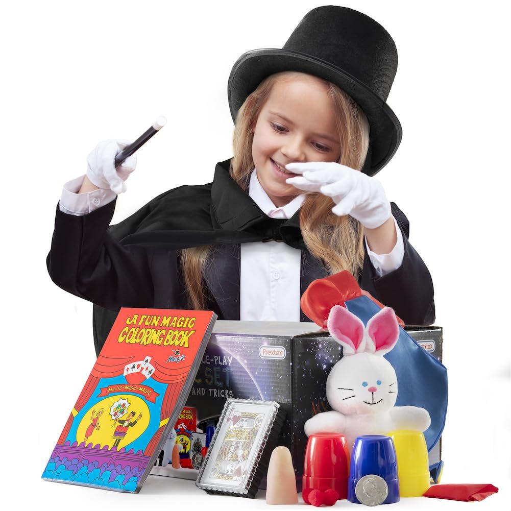 PREXTEX Magician Costume Kids Kit - Magic Tricks Games Toy with Magic Costume Includes Top Hat, Cane, Cape, Wand Kit