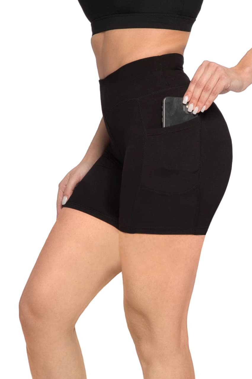 SATINA Biker Shorts for Women - High Waist Biker Shorts with Pockets - Yoga Shorts for Regular & Plus Size Women (5-Inch, Medium, Black Shorts)