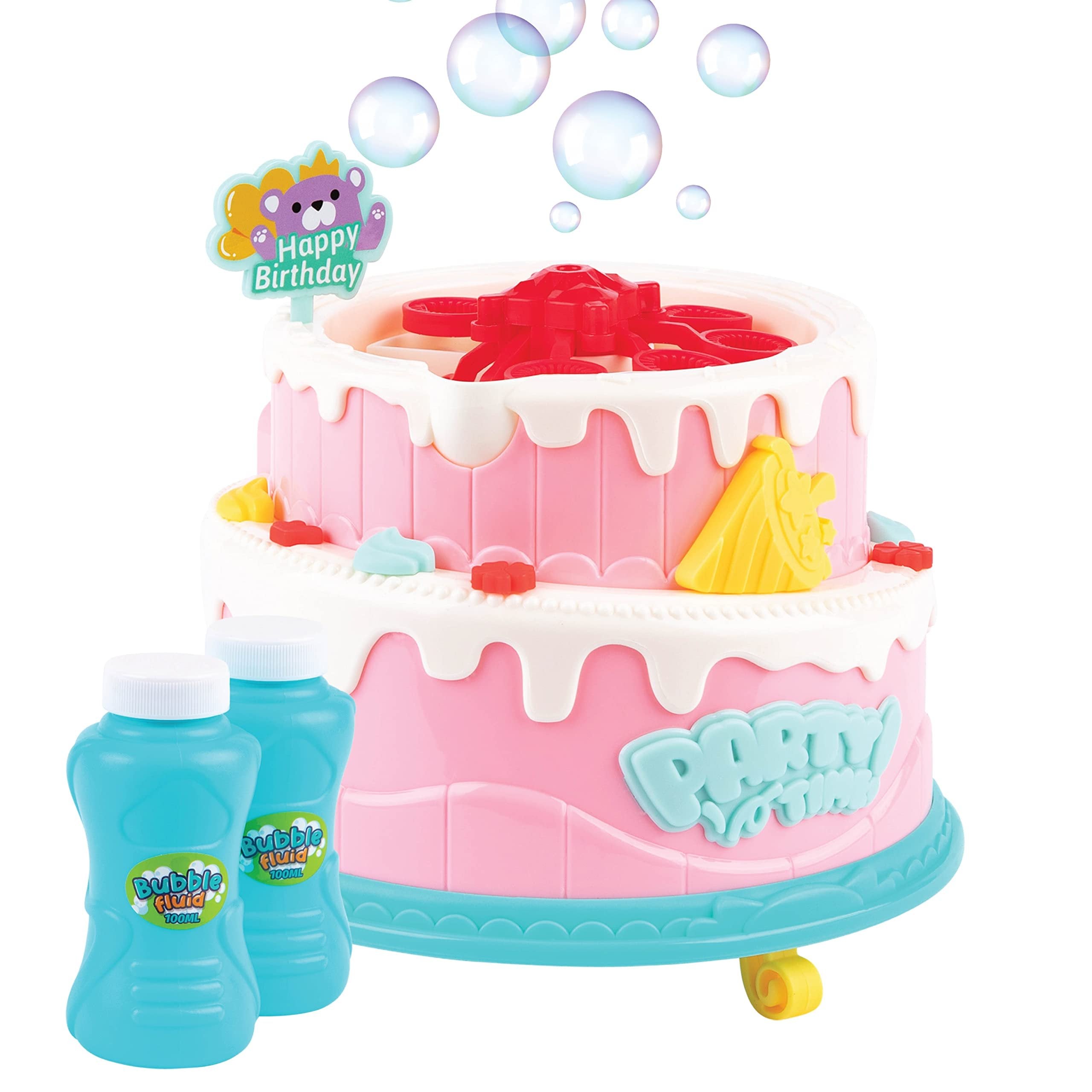 Madzee Cake Bubble Machine for Kids & Toddler Toys - Bubble Maker Blower with Lights and Music for Girls Birthday Parties - Includes 2 Bottle Bubble Solution