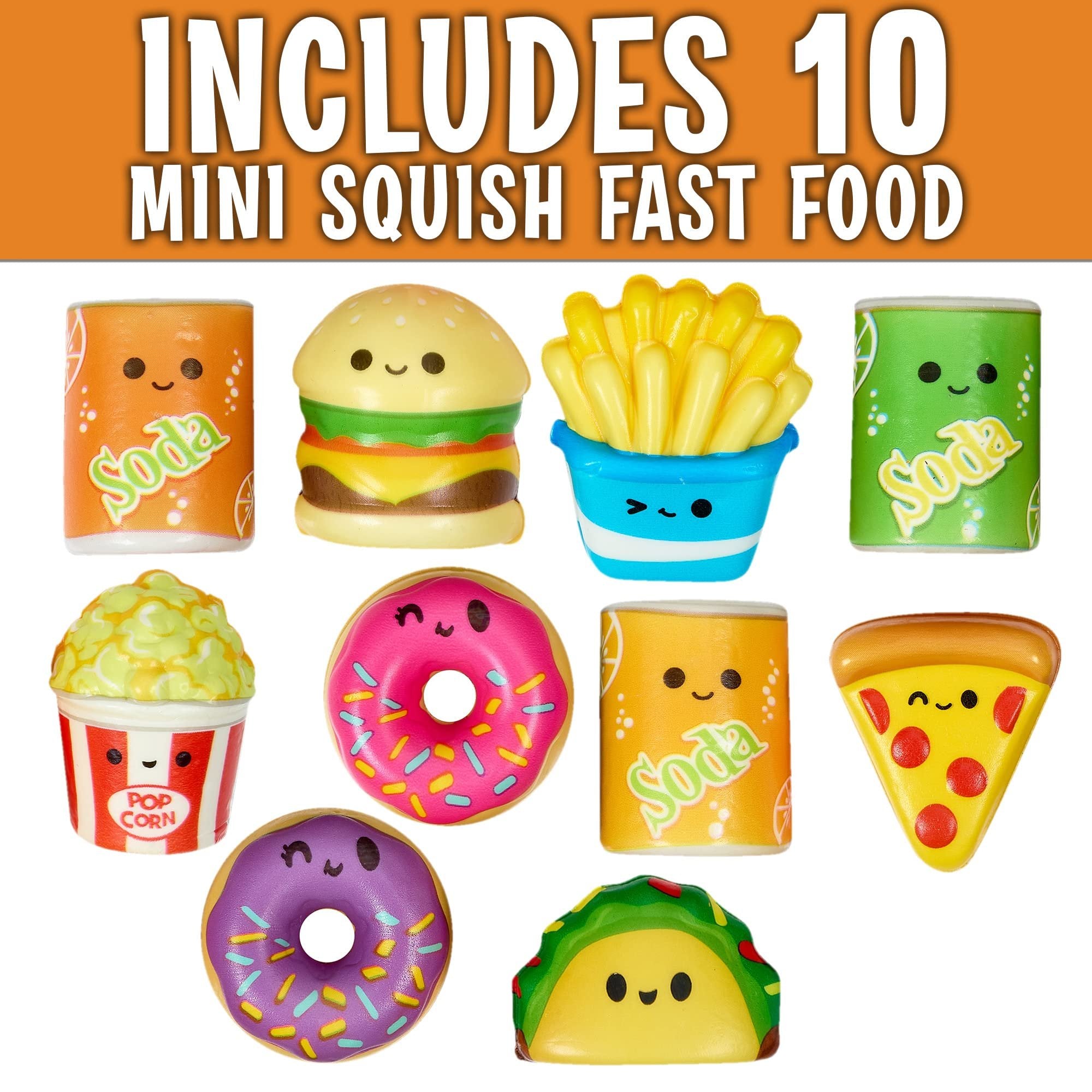 Playbees Mini Squish Fast Food Toys - 10 Pack - Assorted Designs Slow-Rise Stress Relief Toys for Kids, Mini Fidget Toys for Sensory Play, Party Favors, Junk Food Goodie Bag Fillers for Boys & Girls