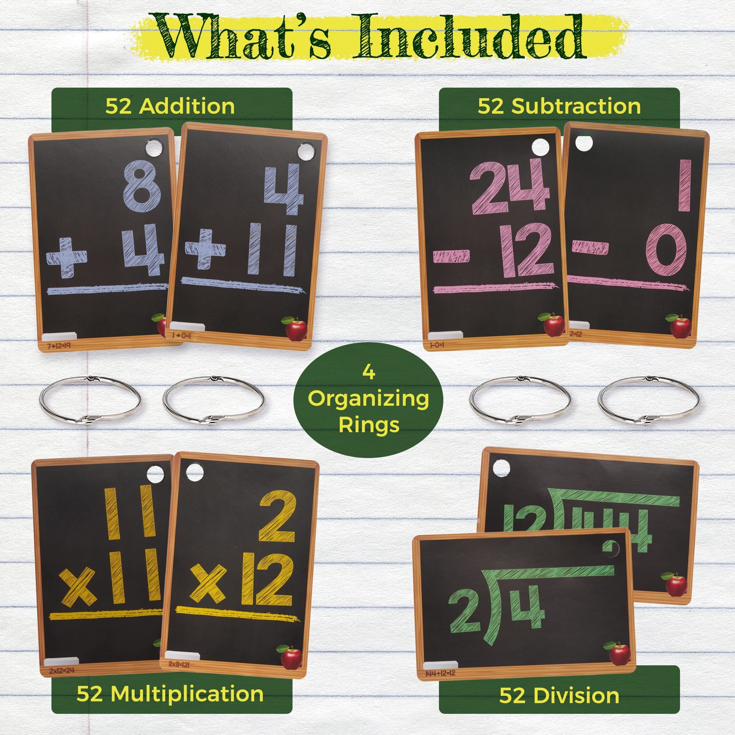 Star Right Math Flash Cards Set of 4 - Addition, Subtraction, Division, & Multiplication Flash Cards - 4 Rings - 208 Math Flash Cards Multiplication and Division, Addition, Subtraction - Ages 6+