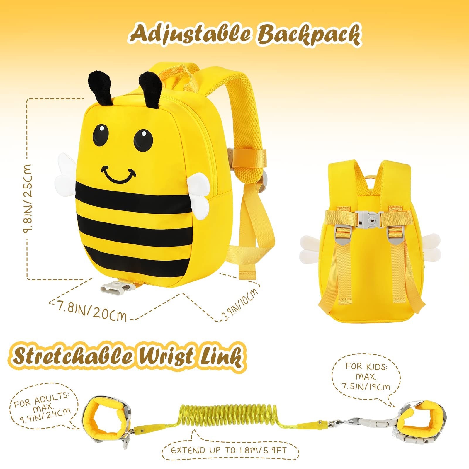 Zooawa Toddler Harness Backpack with Leash, 2 in 1 Cute Bee Kid Backpack with Anti Lost Wrist Link, Toddler Backpack Harness with Safety Leash for 1-4 Years Old Baby Boys Girls