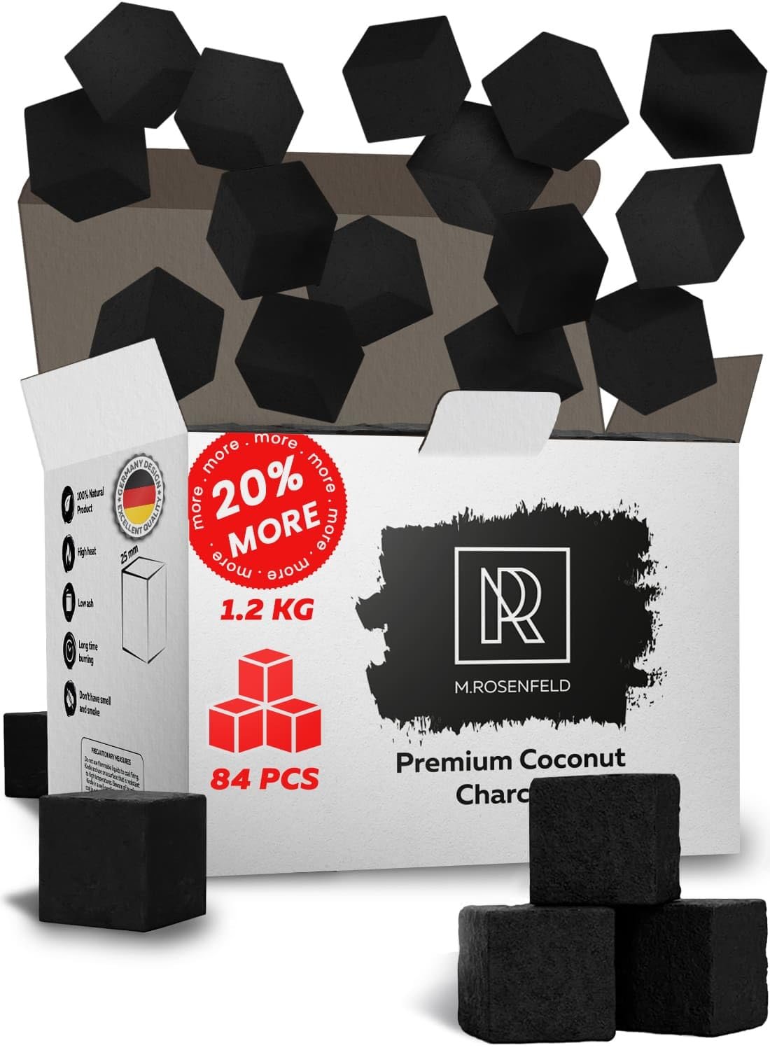 84 pcs Hookah Charcoal Hookah Coals for Hookah Coconut 25mm Cubes - 84 pcs - 1.2 KG (2.6 lbs) - Premium Quality - 100% Natural Coconut Charcoal Hookah Cubes - NOT Quick Light