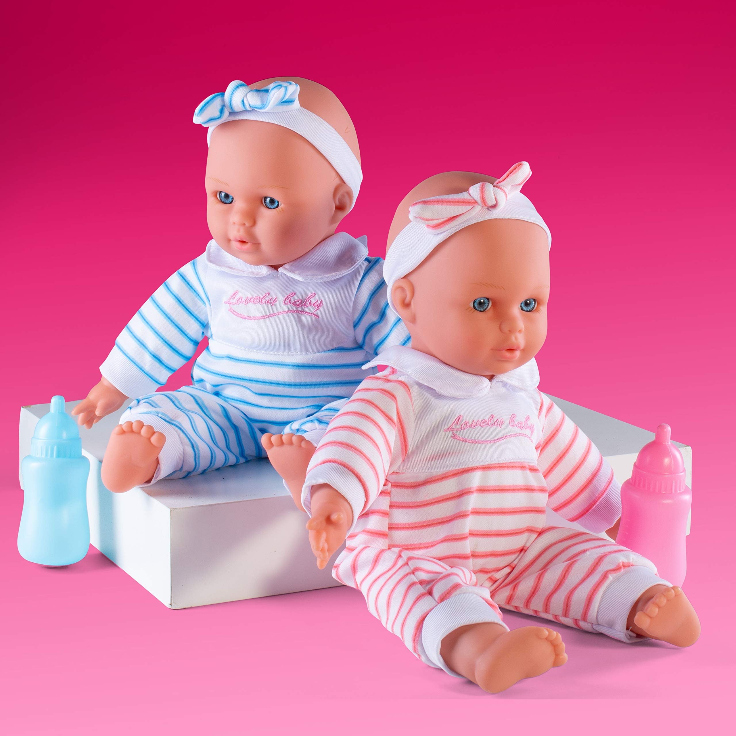 PREXTEX Baby Twin Dolls Set - 12-Inch Boy and Girl Soft Twin Baby Dolls Set with Pink and Blue Toy Bottle - Best Gift for Toddlers and Girls