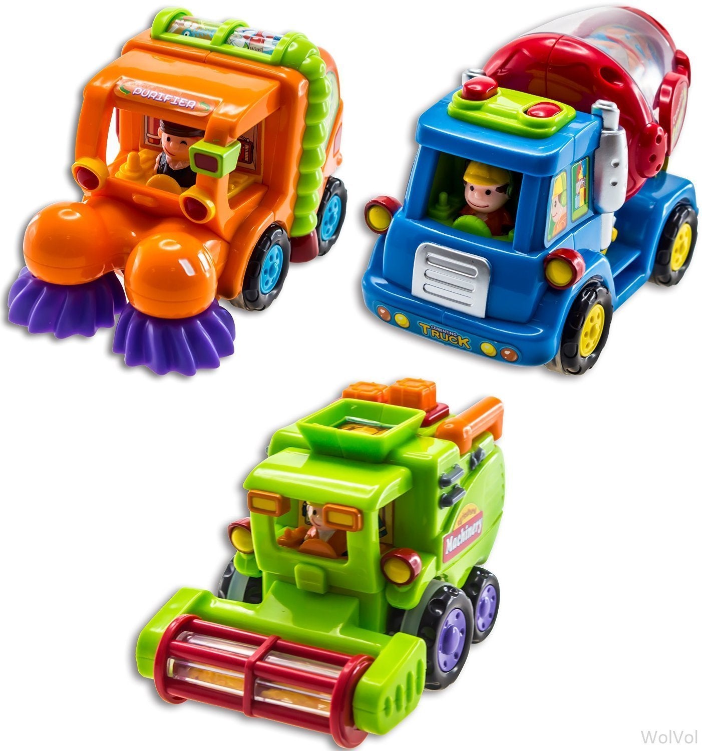 WolVolk Push and Go Friction Cars - Set of 3 Trucks - Street Sweeper, Cement Mixer, Harvester - Automatic Functions - Blue Green Orange - Size Options