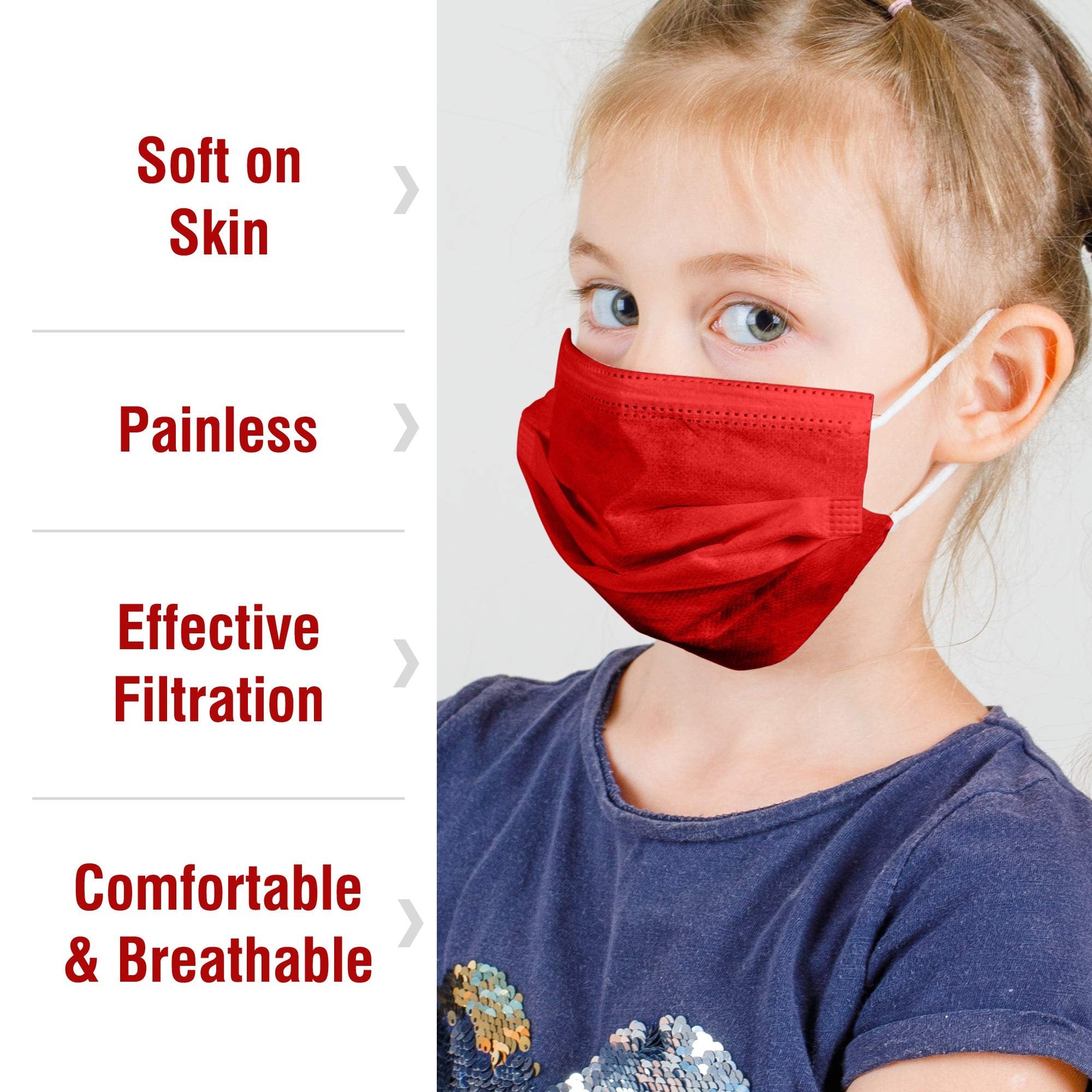 WECARE Disposable Face Masks For Kids, 50 Red Face Masks, Individually Wrapped