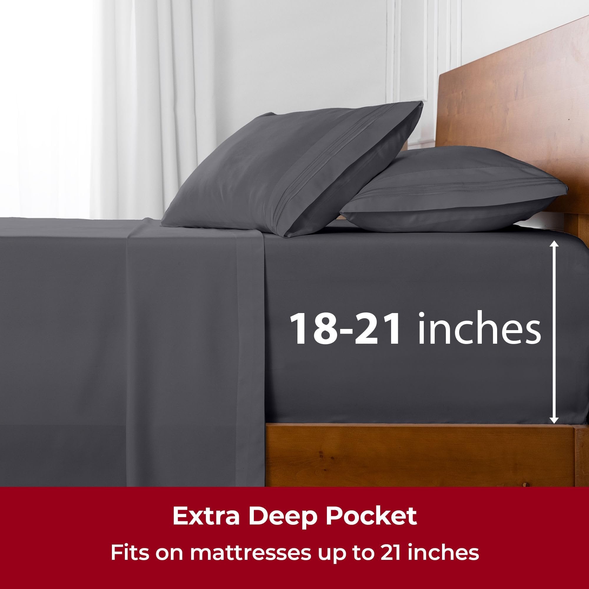 Mellanni Extra Deep Pocket King Size Sheets - 4 Piece Iconic Collection Bedding Sheets & Pillowcases - Hotel Luxury, Ultra Soft, Cooling Bed Sheets - Extra Deep Pocket up to 21" Mattress (King, Gray)