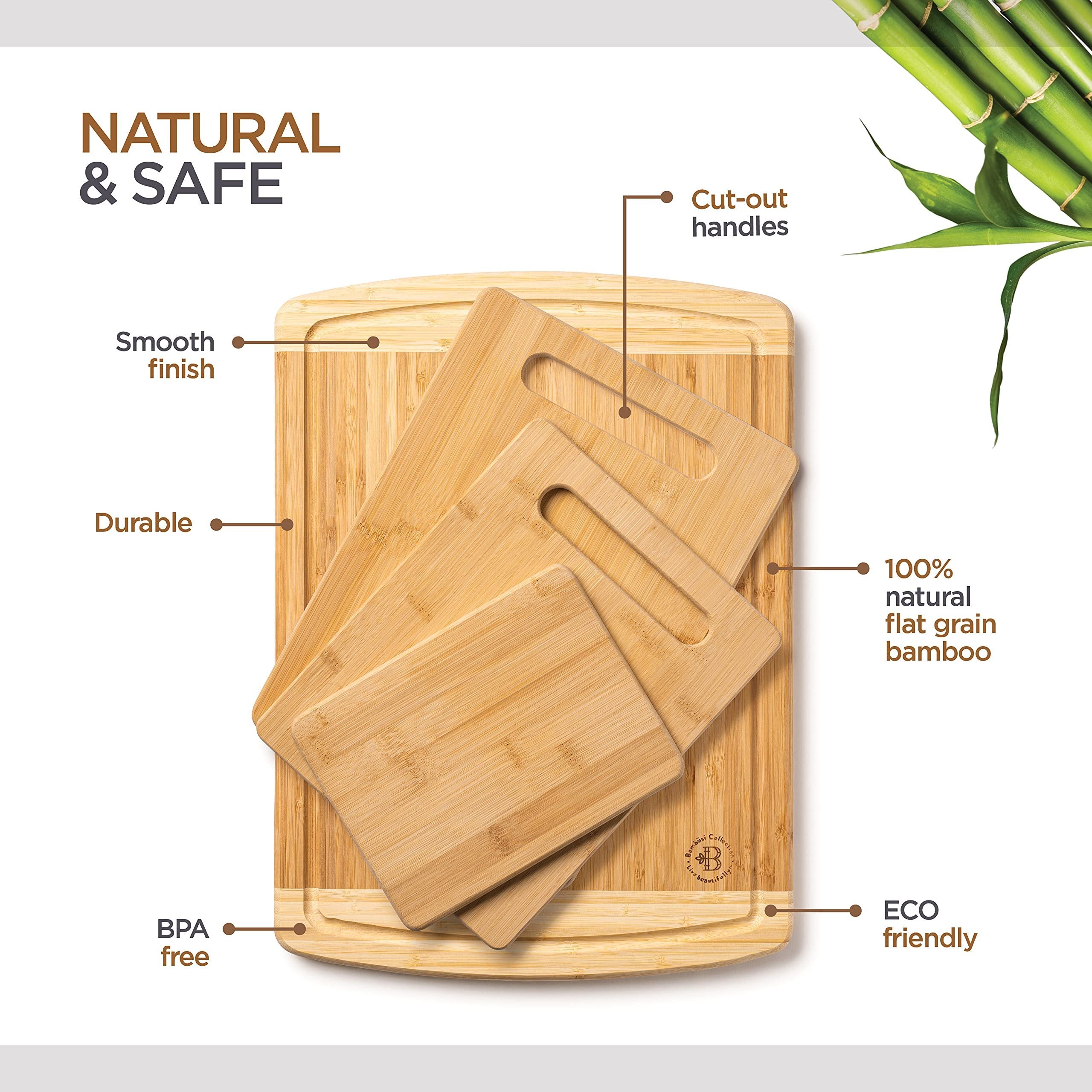 Bamboo Cutting Board Set of 4 - Kitchen Chopping Boards with Juice Groove for Meat, Cheese and Vegetables - Large Natural Wood Butcher Block, Cheese Board & Charcuterie Board