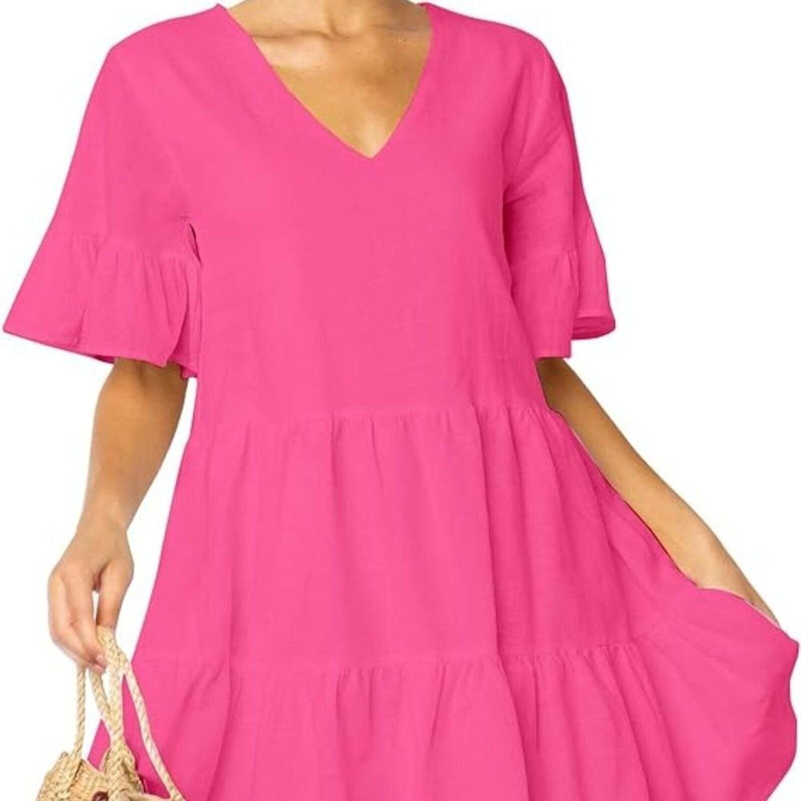 FANCYINN Cute Shift Tunic Dress Ruffle Swing Babydoll Size Large