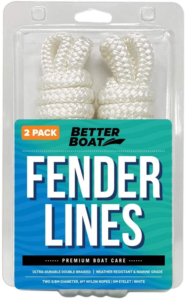 2 PK White Boat Fender Lines - 6ft 3/8in Nylon - Double Braided, Loop, Hangers, Bag - for Boats, Jet Skis, Docking (Free Shipping)