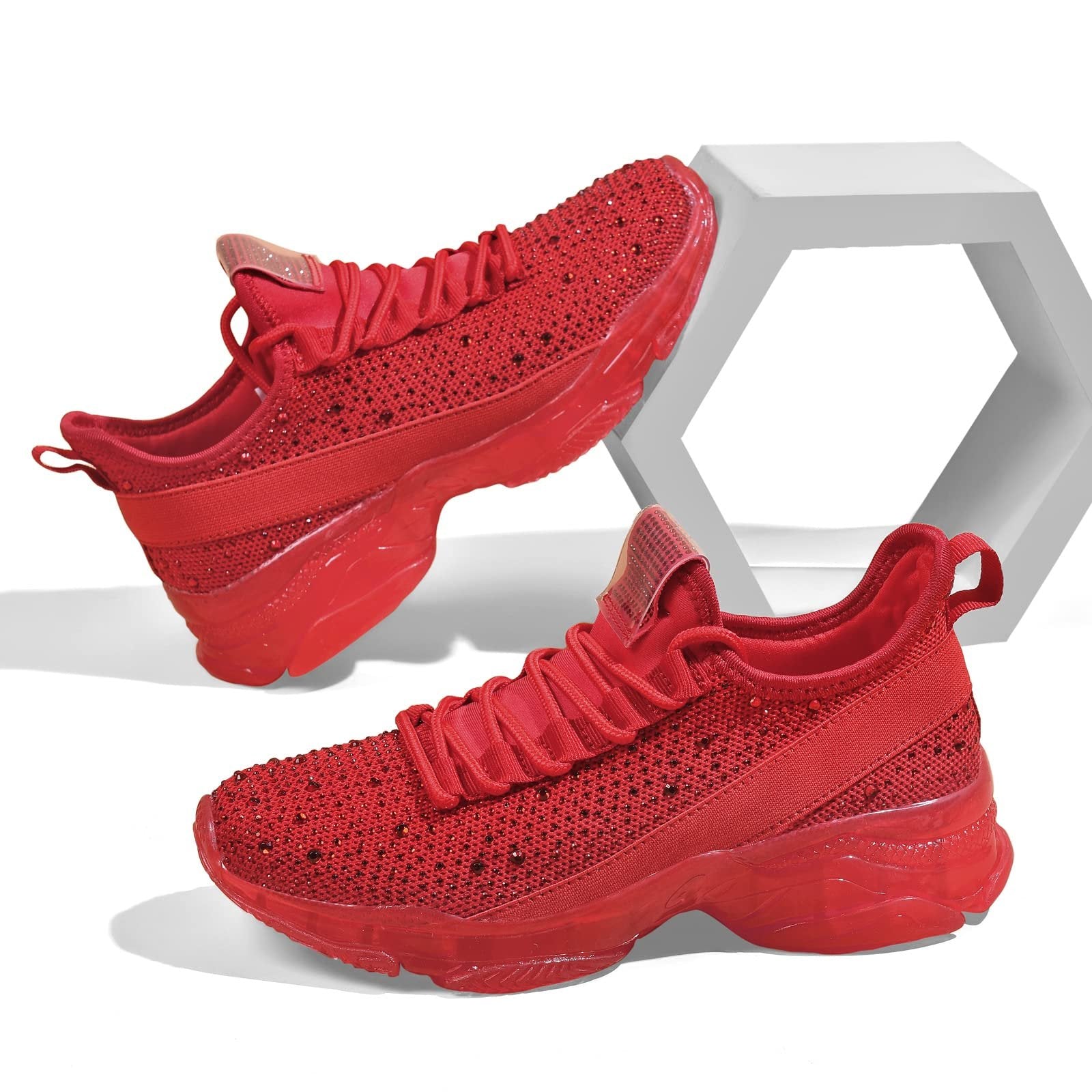 Women's Fashion Rhinestone Mesh Knit Slip On Sneaker Breathable Glitter Walking Shoes(Red,9)