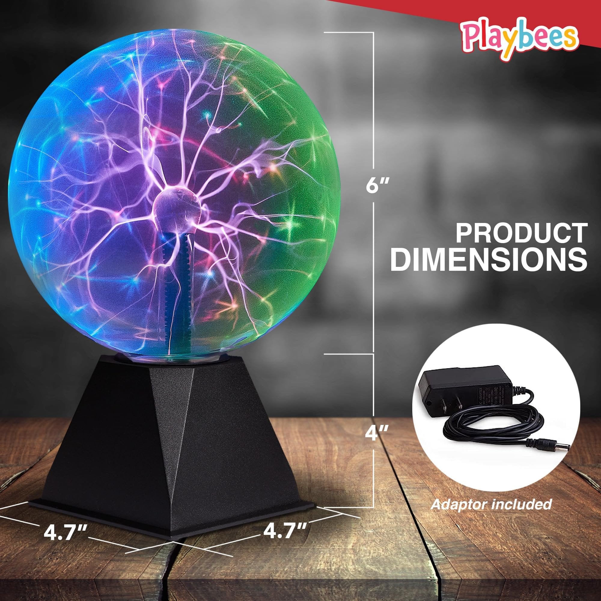 Playbees Colorful Plasma Ball - 7 Inch - Static Electricity in a Vacuum Pressurized Glass Globe - Multicolor, Nebula, Thunder Lightning, Plug-in - for Parties, Decorations, Prop, Home, STEM