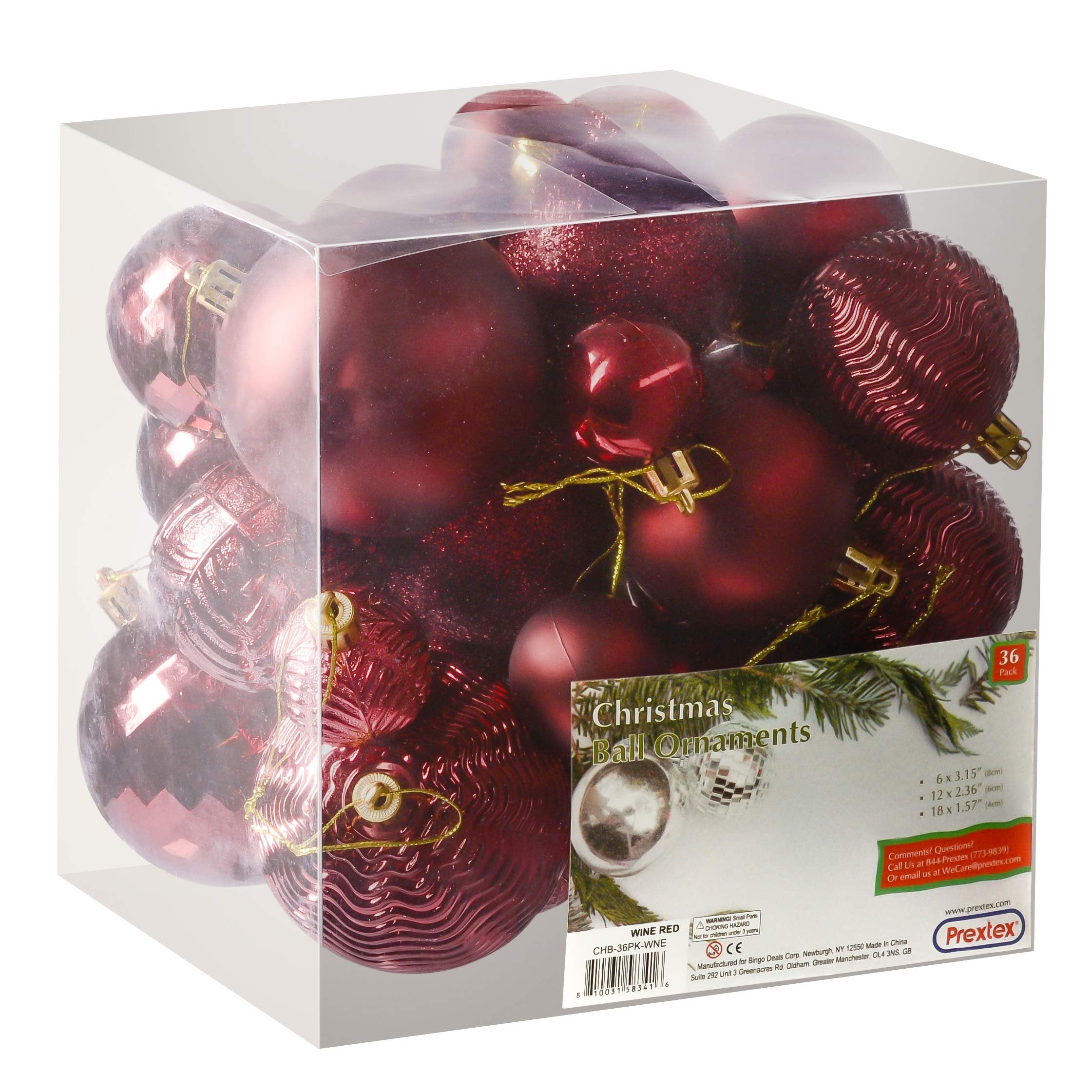 PREXTEX Christmas Tree Ornaments - Wine Red Christmas Ball Ornaments Set for Christmas, Holiday, Wreath & Party Decorations (36 pcs - Small, Medium, Large) Shatterproof - Red Christmas Ornaments