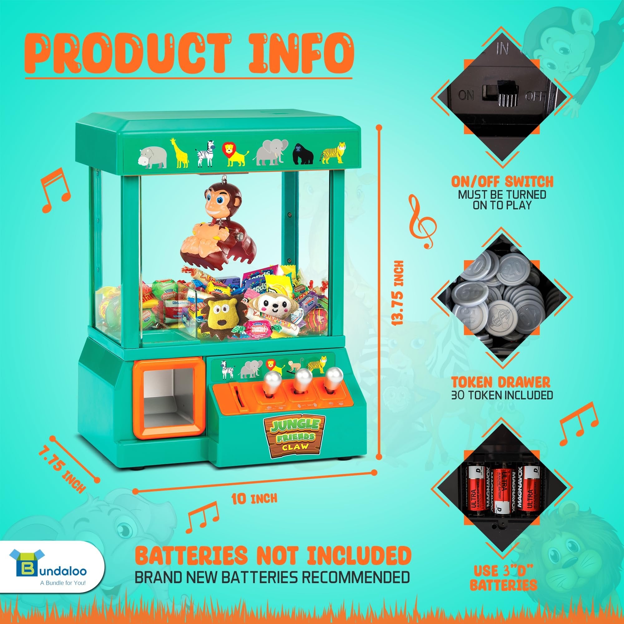 Bundaloo Claw Machine for Kids - Jungle Themed Miniature Candy Grabber with 3 Mini Plush Toys, 30 Reusable Tokens - Electronic Prize Dispenser Toy Party Game for Children